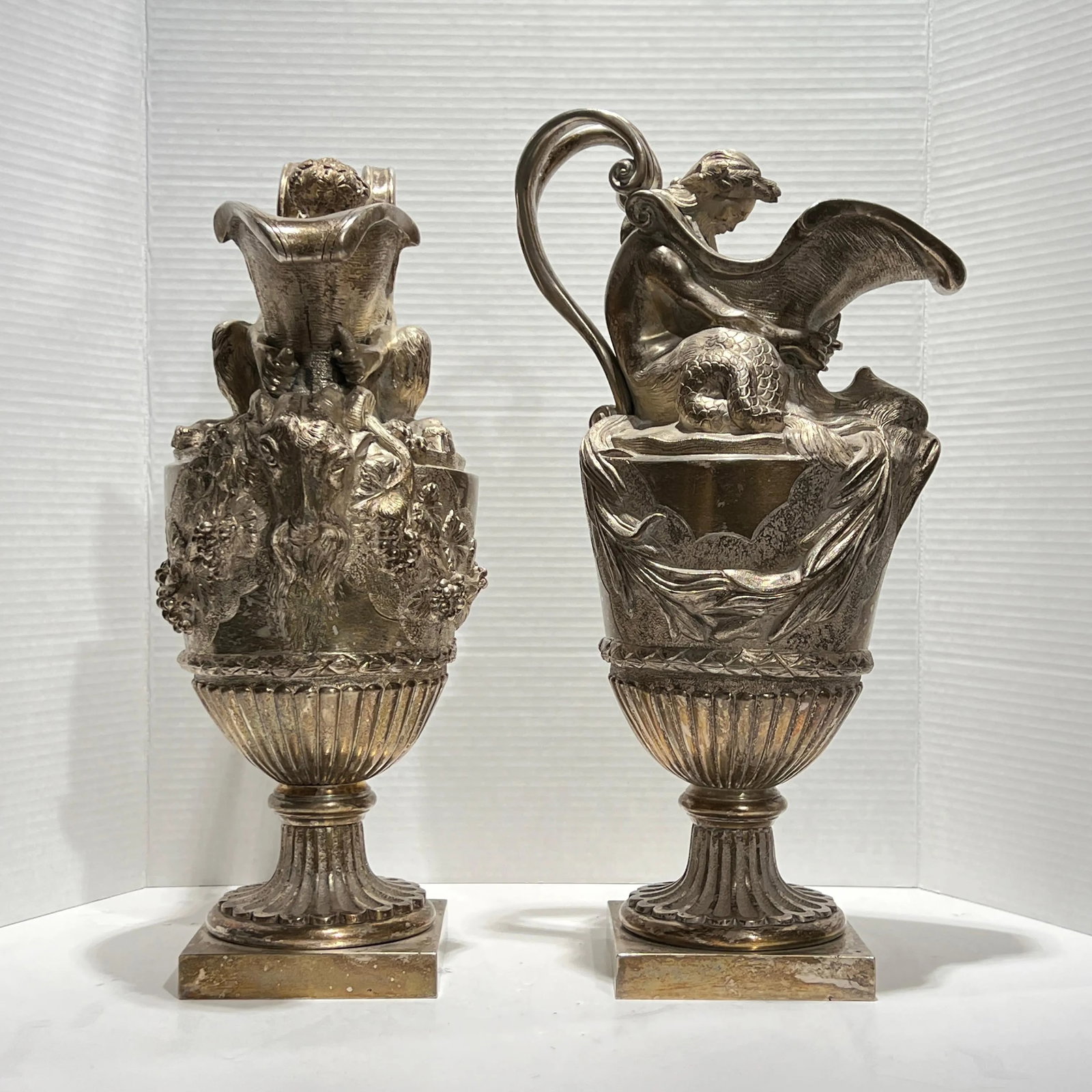 19th Century French Silvered Bronze Ewer Form Vases in Louis XVI Style - A Pair - 3
