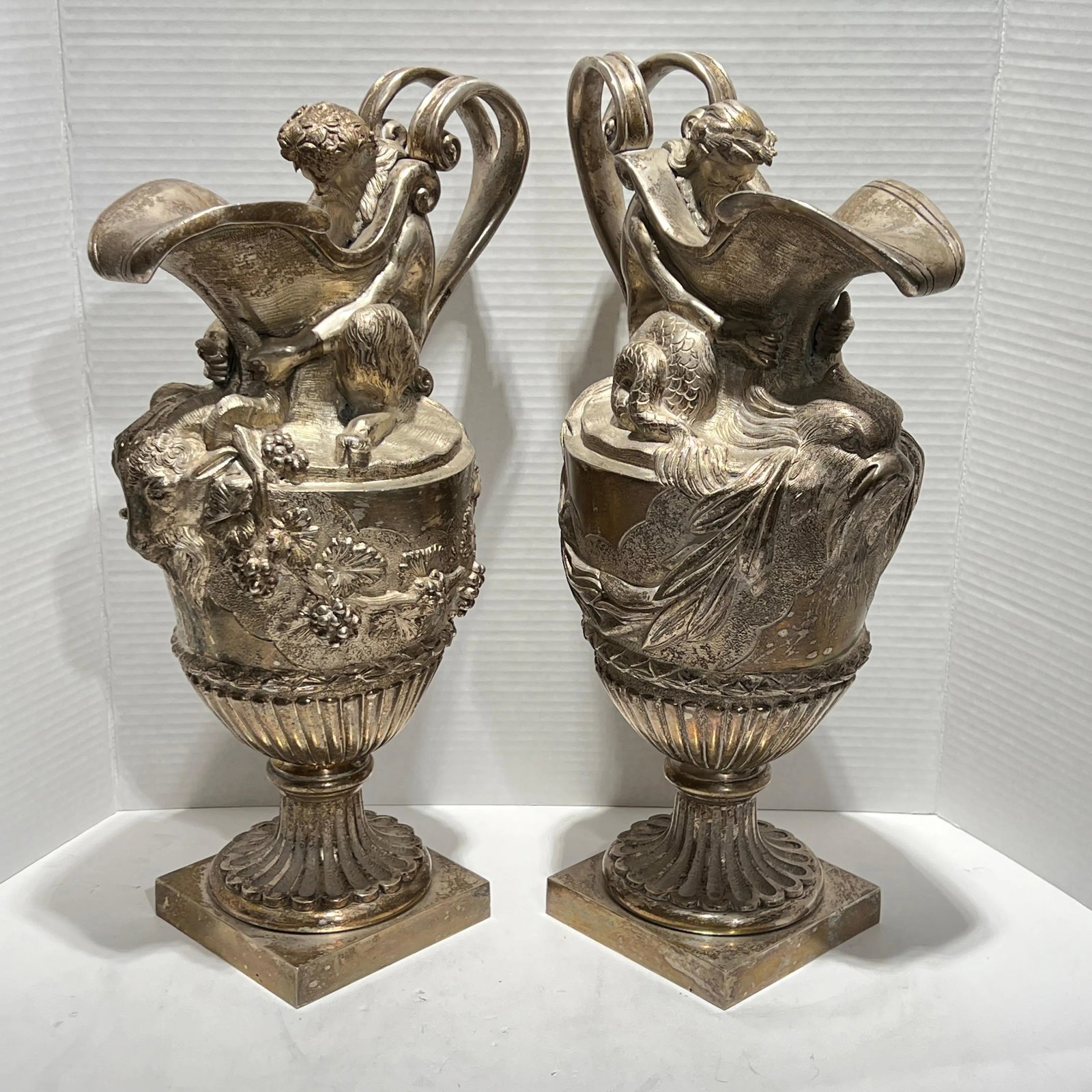 19th Century French Silvered Bronze Ewer Form Vases in Louis XVI Style - A Pair - 4