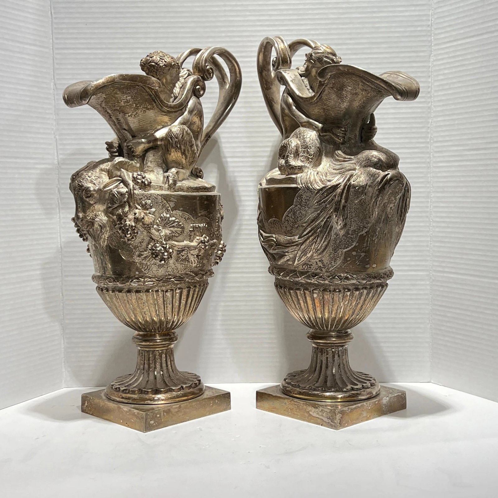 19th Century French Silvered Bronze Ewer Form Vases in Louis XVI Style - A Pair - 5