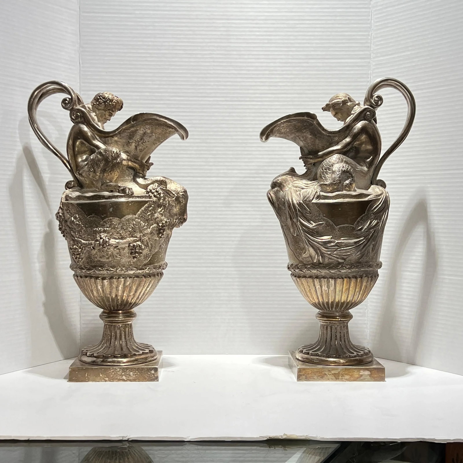 19th Century French Silvered Bronze Ewer Form Vases in Louis XVI Style - A Pair - 6