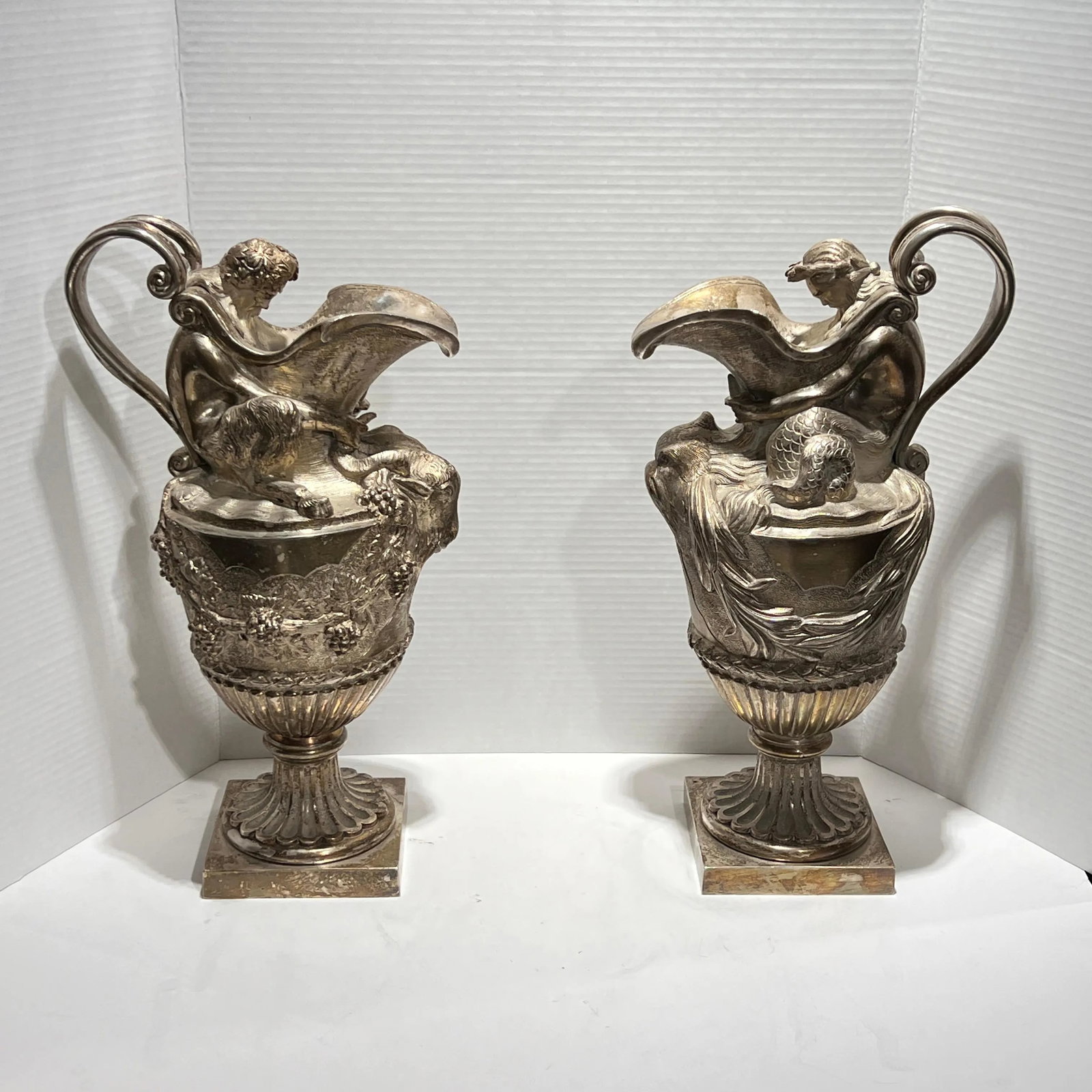 19th Century French Silvered Bronze Ewer Form Vases in Louis XVI Style - A Pair - 7
