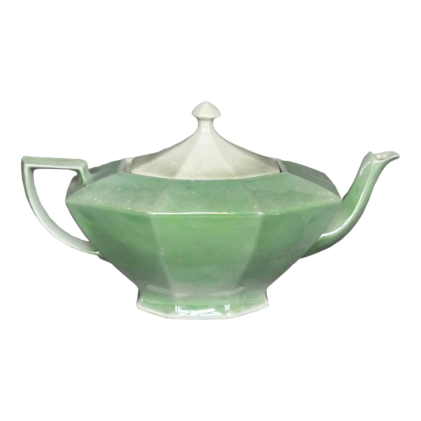 Czechoslovakia Lusterware Art Deco Teapot: Display this circa 1930s Czechoslovakia Porcelain teapot as decor in your dining room or kitchen when you are not using it to serve tea. The Art Deco era china teapot has a lovely celadon lusterware g