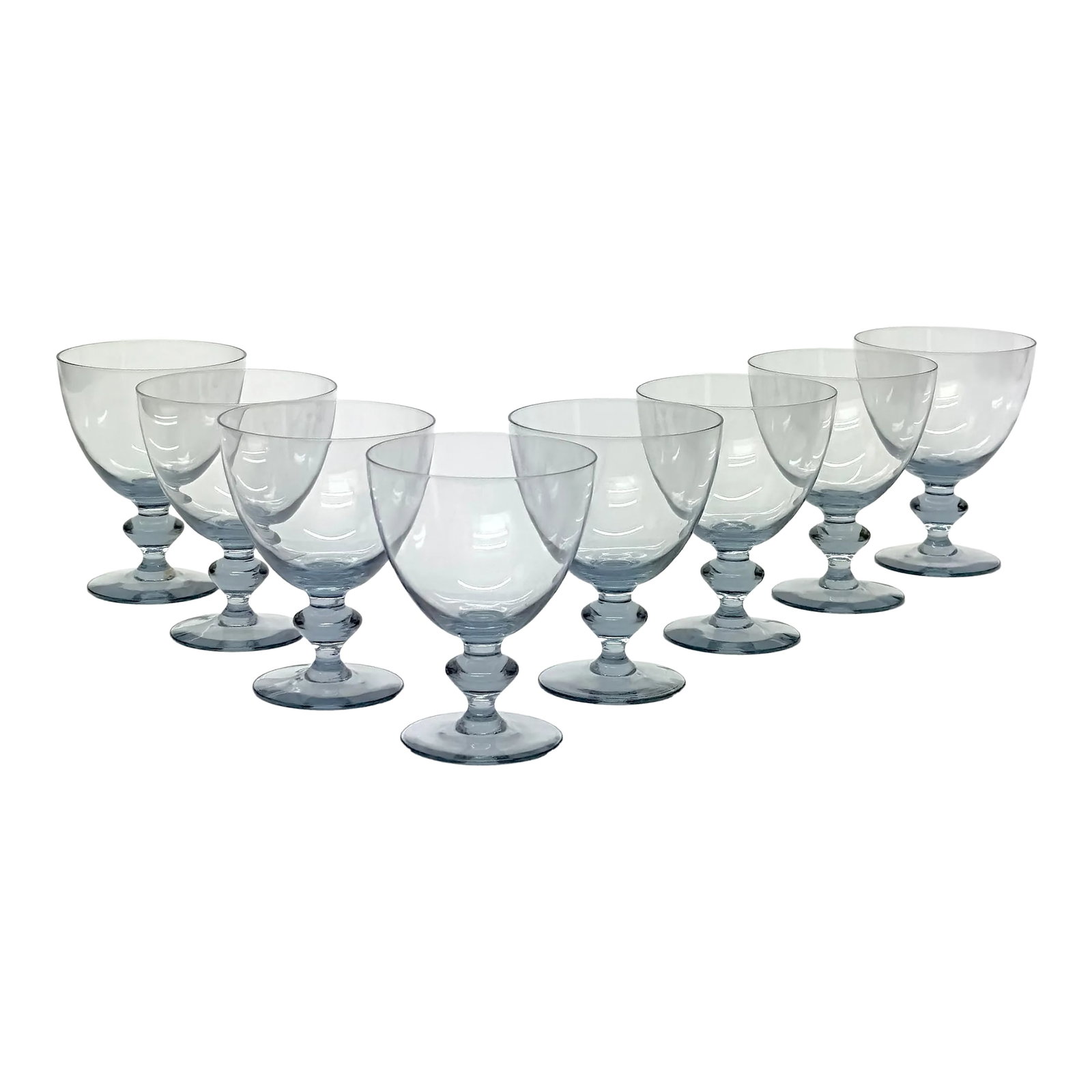 Cool Grey Bernadette Water Glasses by Kosta Boda - Set of 8: Grey goblet glasses, set of 8. A delicate set of light dove-grey water glasses with a diamond stem detail by Kosta Boda. Height: 4" Width: 5" Condition: Alterations: Original Condition Unaltered Imper