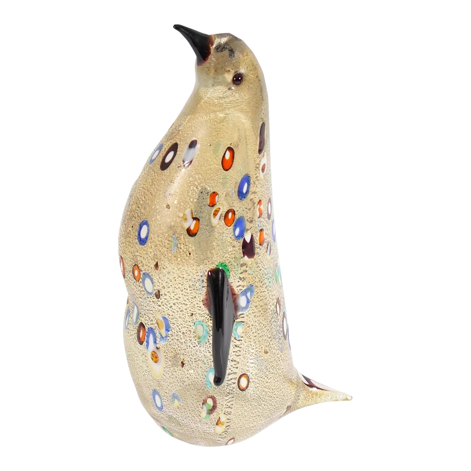 Luigi Mellara Signed Italian Murano Art Glass Penguin: A Murano glass penguin by the Italian glass artist Luigi Mellara. Made in Italy, the penguin has a dark purple beak and wings and gold-tone flecked body. Colorful millefiori in a variety of colors