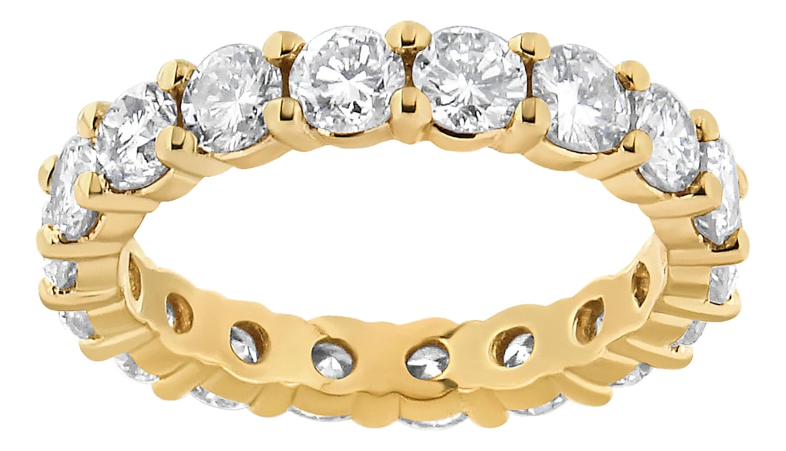 14K Yellow Gold 3.00 Cttw Shared Prong Set Round Cut Diamond Eternity Band (J-K Color, VS1-VS2 Clari: Bring elegance and sparkle to your look with this stunning eternity ring. Shimmering round brilliant diamonds encircle this elegant eternity ring designed in 14k yellow gold. This diamond eternity