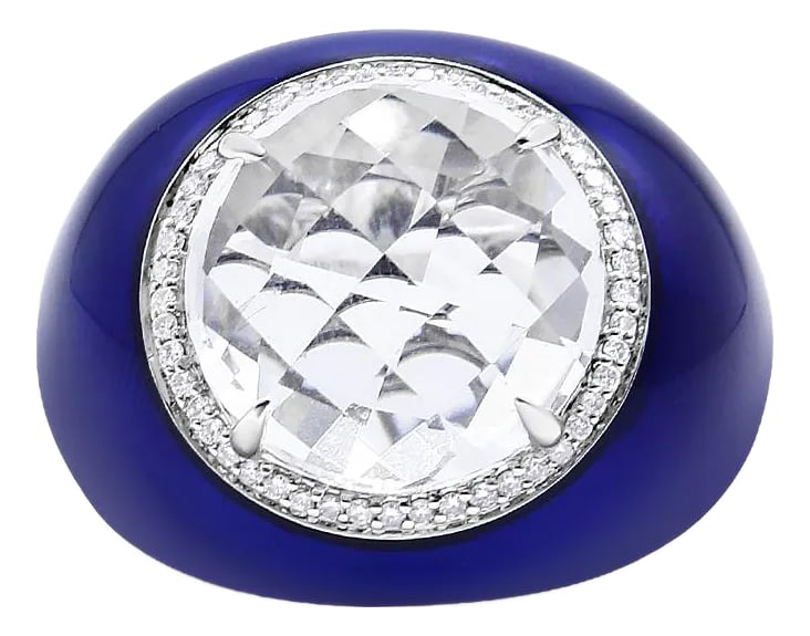 18K White Gold 14mm White Quartz and 1/5 Cttw Diamond Halo with Blue Enamel Dome Ring (F-G Color, VS: Imbued with a sense of vintage style, this 18k white gold ring features a white quartz centerpiece trimmed with a halo of brilliant diamonds for just the right amount of sparkle. The stunning 14mm