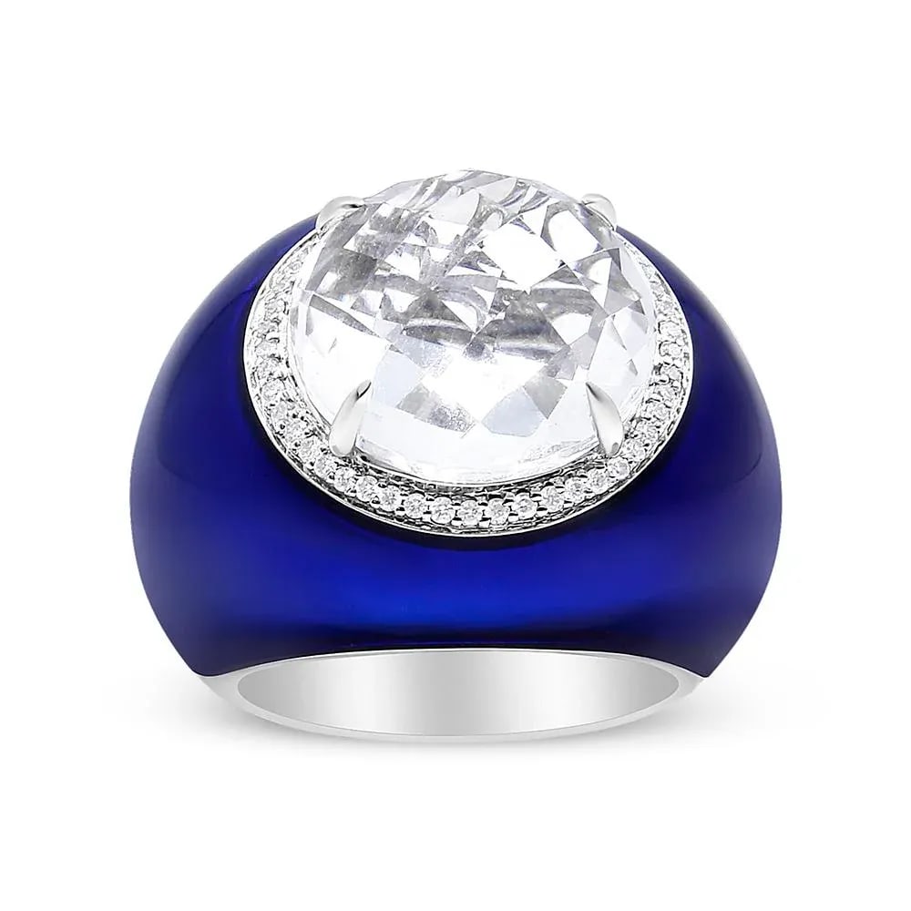 18K White Gold 14mm White Quartz and 1/5 Cttw Diamond Halo with Blue Enamel Dome Ring (F-G Color, VS - 2