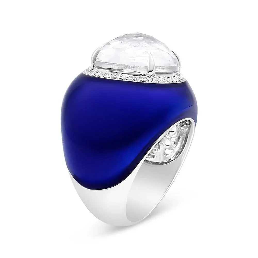 18K White Gold 14mm White Quartz and 1/5 Cttw Diamond Halo with Blue Enamel Dome Ring (F-G Color, VS - 3