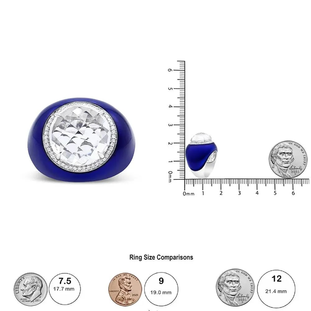 18K White Gold 14mm White Quartz and 1/5 Cttw Diamond Halo with Blue Enamel Dome Ring (F-G Color, VS - 5