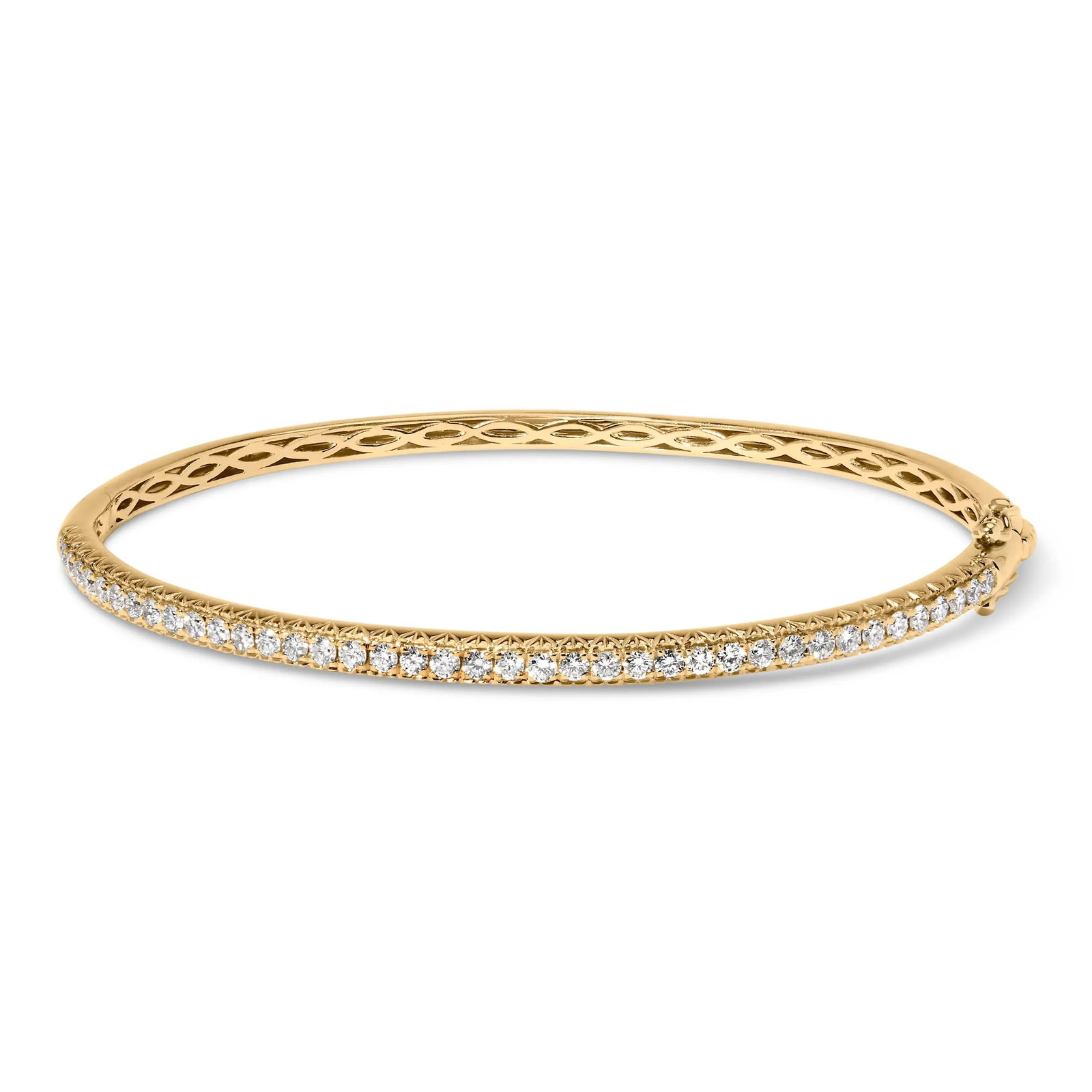 14K Yellow Gold 1.00 Cttw Half Eternity Diamond Bangle Bracelet (G-H Color, SI2-I1 Clarity) - 7" Inc: Embrace timeless elegance with this exquisite 14K yellow gold bangle, lavishly encrusted with a 1.0 carat of natural diamonds. Each round gemstone sparkles with an incandescent brilliance, captured