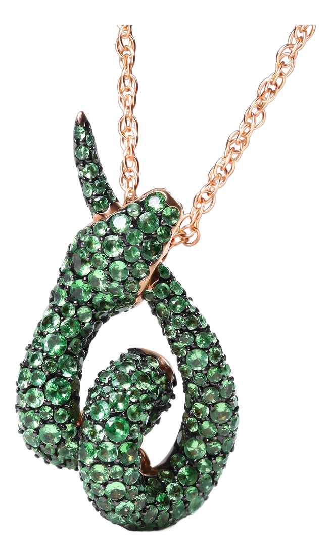 18K Rose Gold Round Green Tsavorite Gemstone Cluster Spiral Snake Design 18" Pendant Necklace: This animal inspired pendant necklace features a free-spirited snake design crafted of genuine 18k rose gold, a metal that will stay tarnish-free for years to come. The spiraled serpent is encrusted