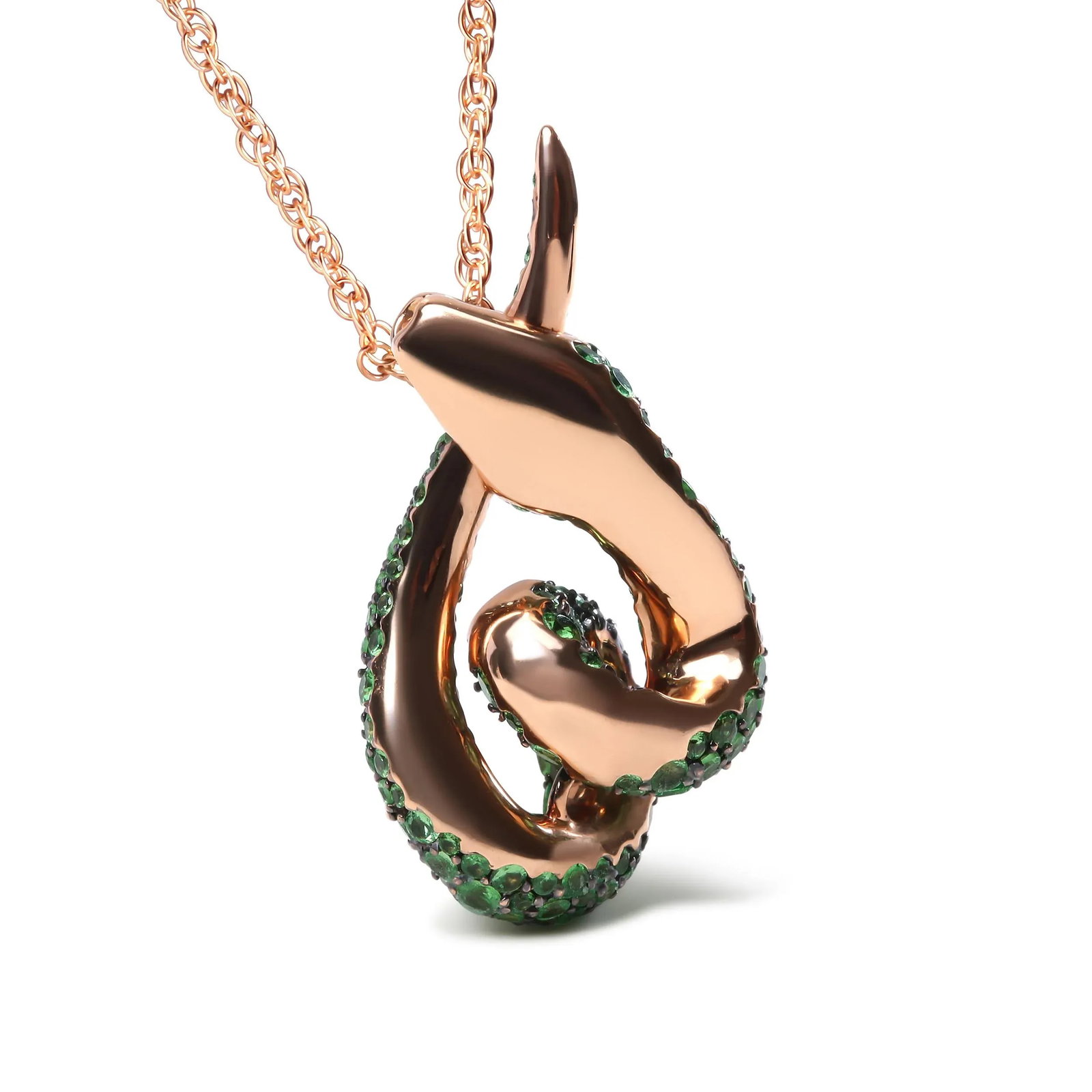 18K Rose Gold Round Green Tsavorite Gemstone Cluster Spiral Snake Design 18" Pendant Necklace - 2