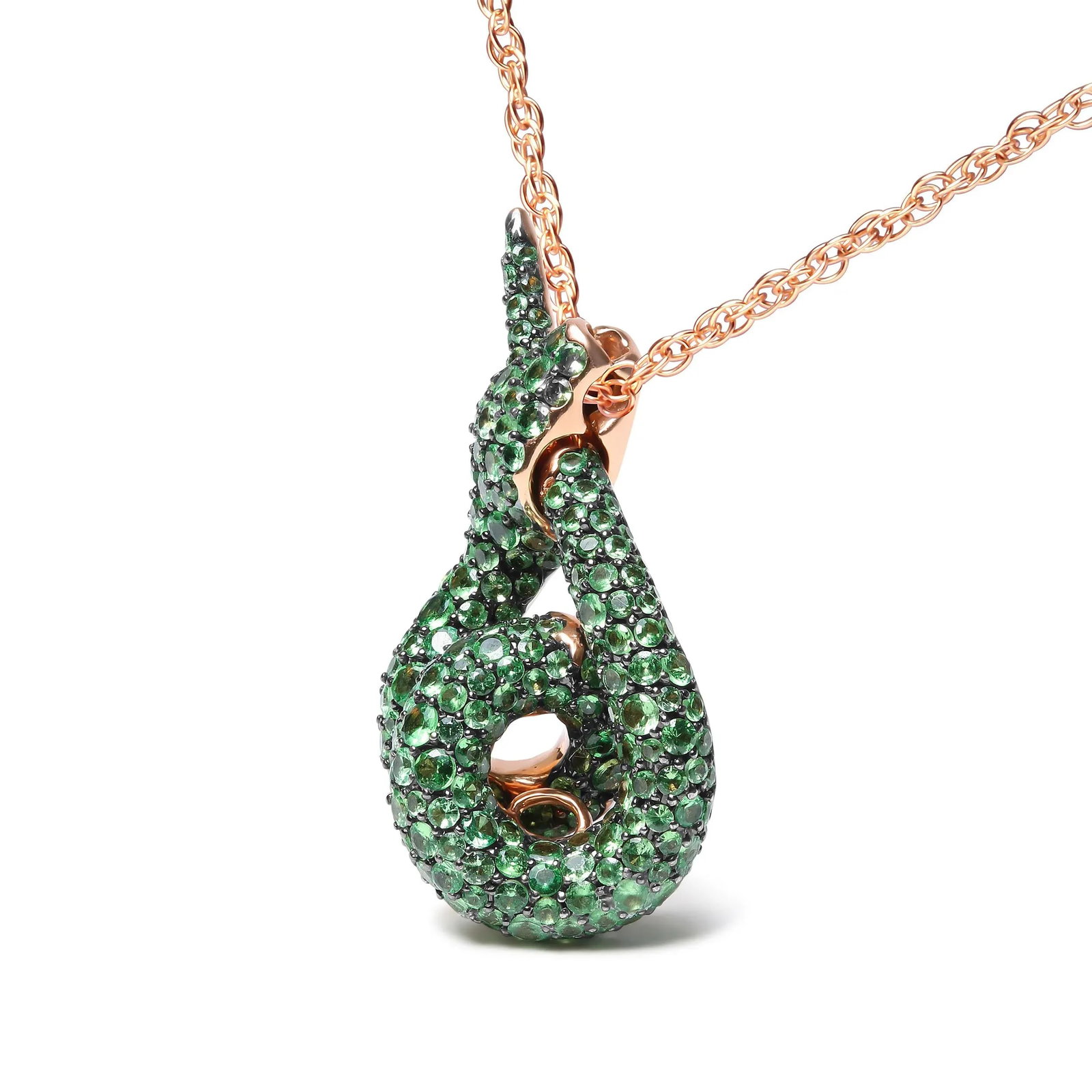 18K Rose Gold Round Green Tsavorite Gemstone Cluster Spiral Snake Design 18" Pendant Necklace - 3
