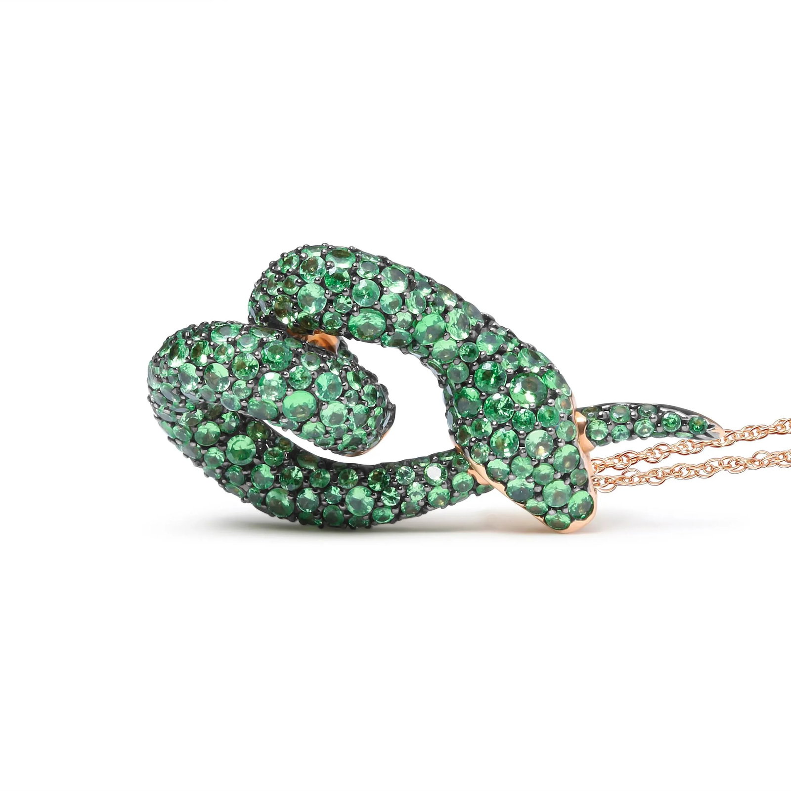 18K Rose Gold Round Green Tsavorite Gemstone Cluster Spiral Snake Design 18" Pendant Necklace - 4