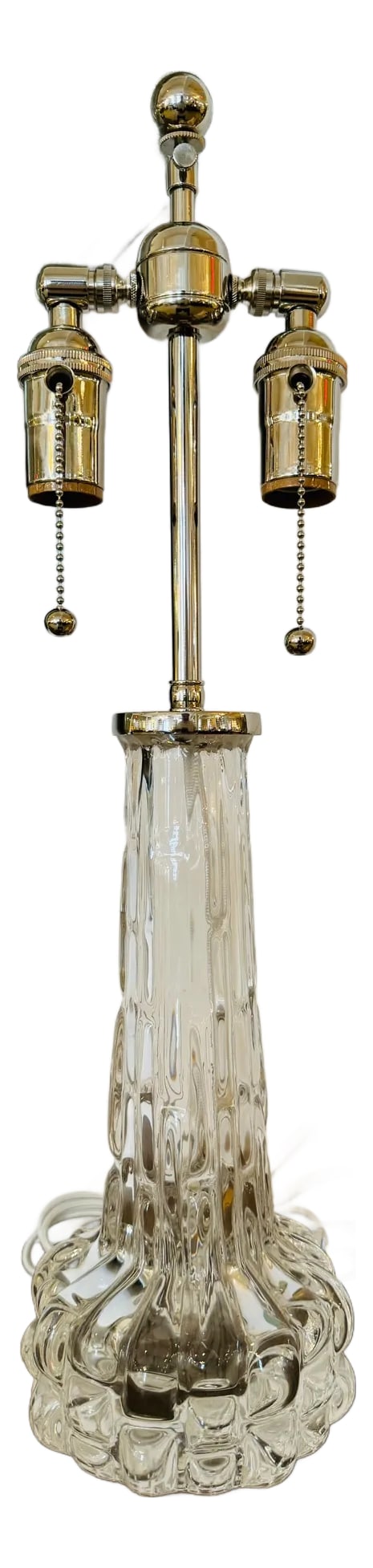 Pair of 1950s Swedish Crystal Orrefors Carl Fagerlund Clear Table Lamps: A great pair of 1950s Swedish Mid Century thick, heavy , clear crystal table lamps with polished nickel sockets and fittings. Rewired with white silk cords. Made by the famed Swedish crystal maker,