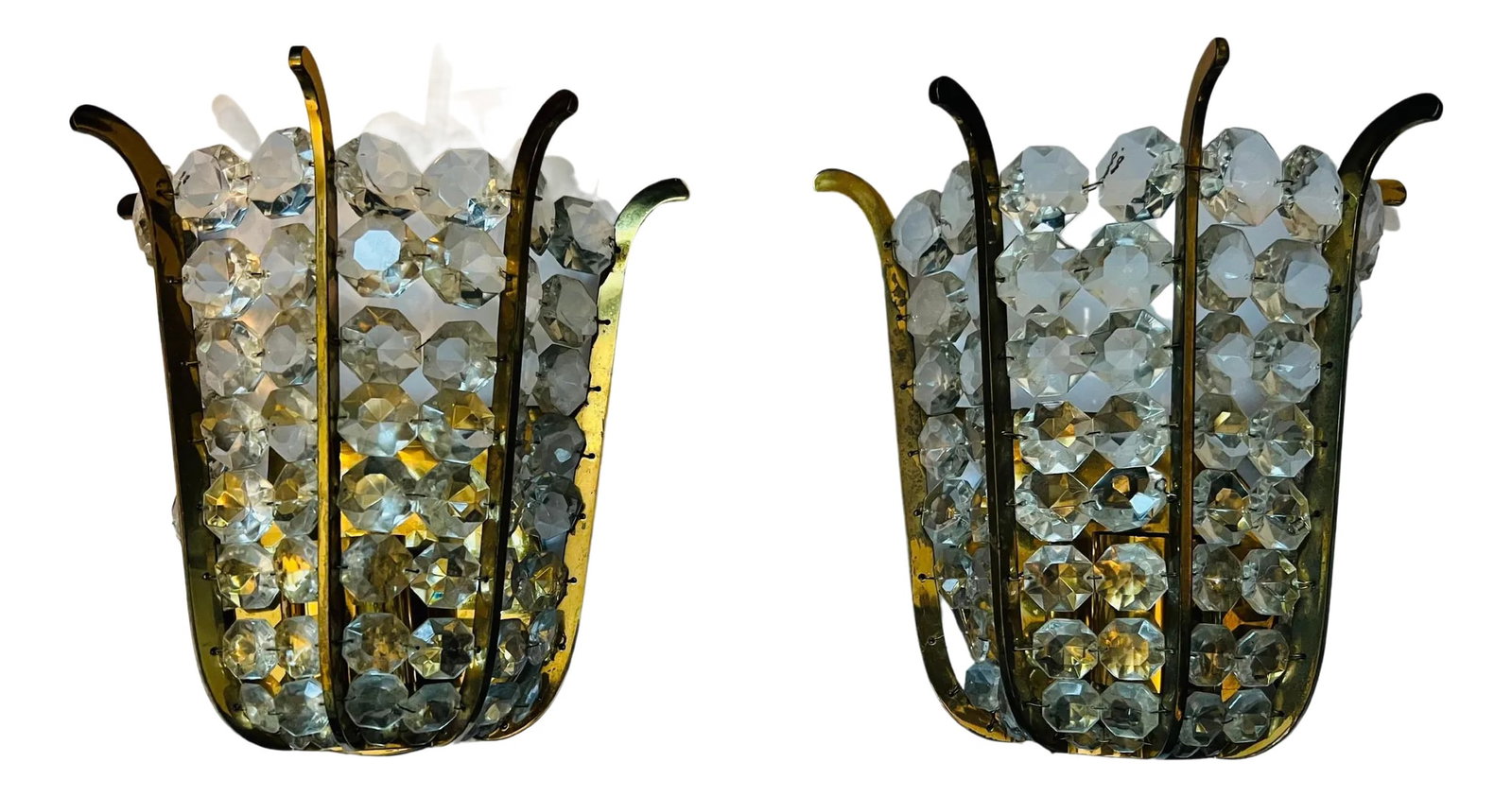 Pair of Austrian Bakalowits Crystal 1950s Wall Lamp Sconces Mid Century: Pair of wonderful golden aged brass and Austrian crystal wall lights by Bakalowits. Rewired with one standard socket and arch up to 200 watts. Condition: Alterations: Original Design Modified Imperfec