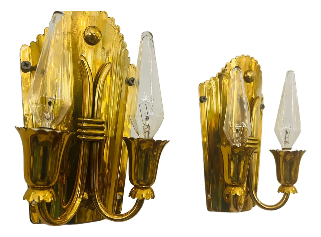 Pair of 1960s Golden Brass Regency Italian Mid Century Wall Lamps: Pair of golden brass 60s regency style Italian wall lights with two sockets each. Newly rewired. Condition: Alterations: Original Design Modified Imperfections: Some Imperfections Condition Notes: Exc