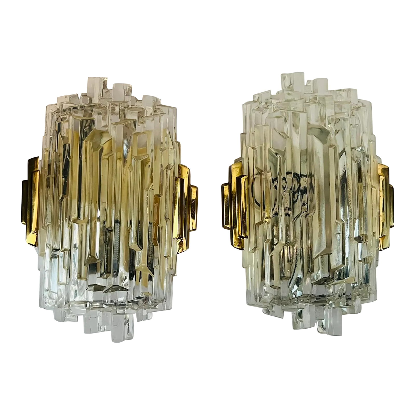 Pair of 1960s Hillebrand Crystal Ice Glass Wall Lamps: A luxurious set of crystal ice wall lamps composed of golden brass fittings and ice glass shades. Newly rewired with candelabra sockets. Rewired. Condition: Alterations: Original Design Modified Imper
