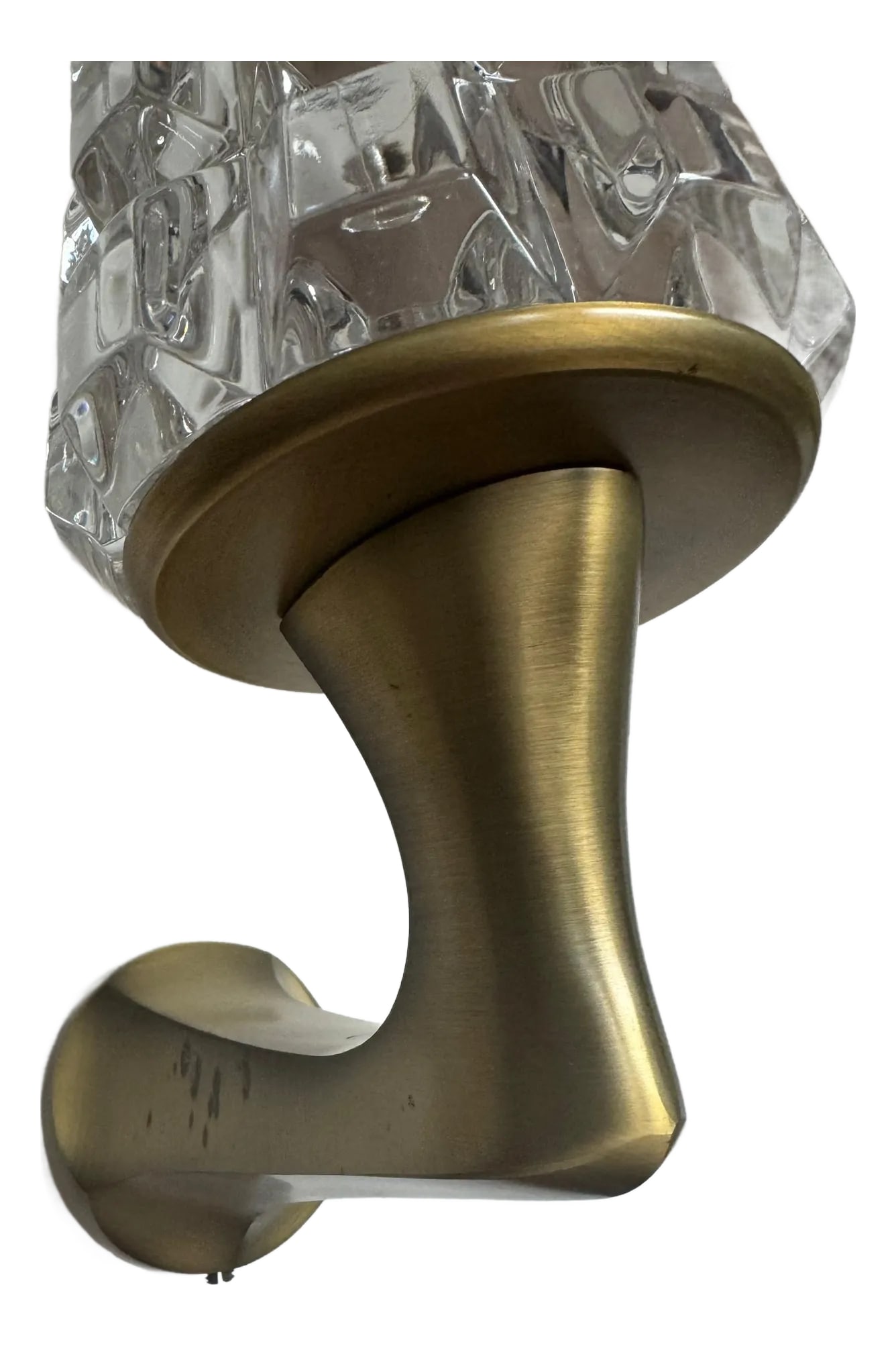 Pair of 1970s French Crystal Othr Mid Century Wall Lamps: A pair of heavy luxurious French 1970s Austrian crystal wall lamps with brushed stain brass fixtures by the maker, Othr. Slight aging to one fixture. Rewired. Condition: Alterations: Original Design M