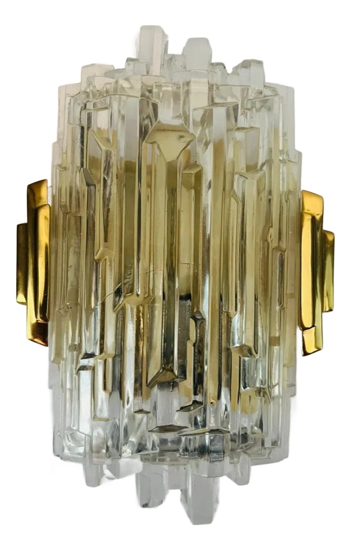 Pair of 1970s Hillebrand Ice Crystal Wall Lamps: Pair of luxurious 1970s High Style wall lights composed of golden brass fittings and ice crystal glass shades. Newly rewired. Candelabra sockets. Condition: Alterations: Original Design Modified