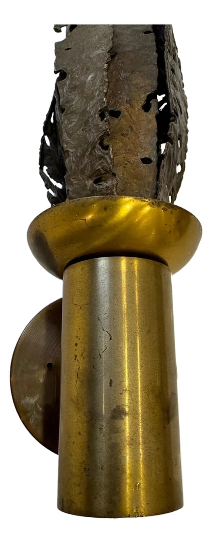 Pair of Paul Moerenhout Belgian Brutal Bronze 1970s Wall Lamps: Pair of large 1970s hand crafted bronze and brass brutal wall lamps by Belgian artist, Paul Moerenhout Two candelabra sockets , one upward and downward. Signed. Paul Moerenhout is a famous Belgian