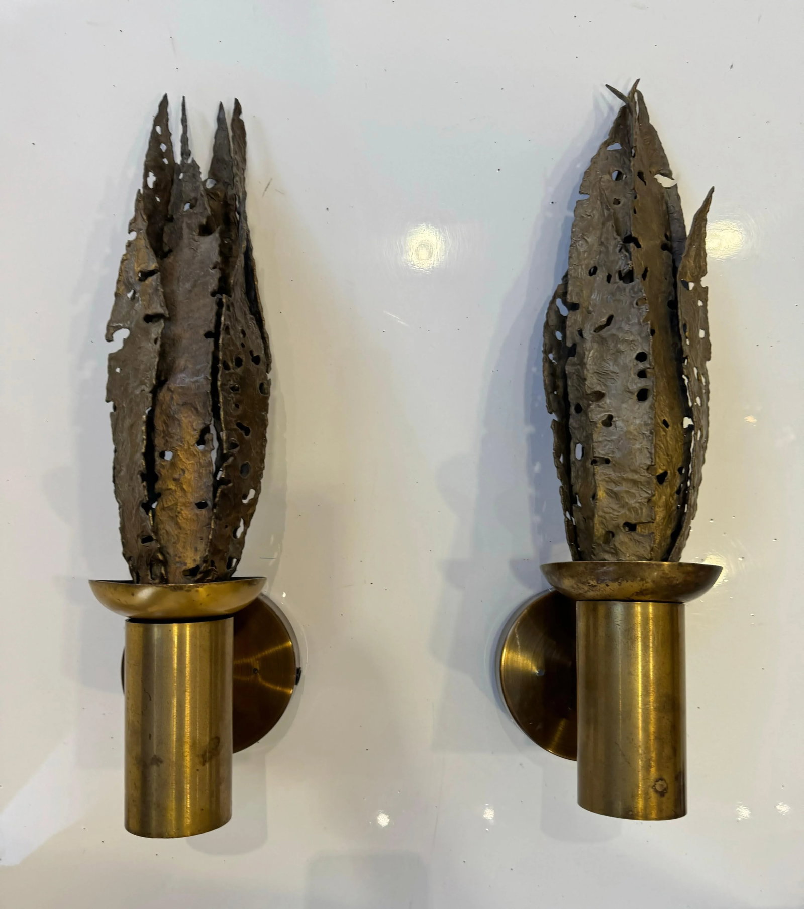Pair of Paul Moerenhout Belgian Brutal Bronze 1970s Wall Lamps - 2