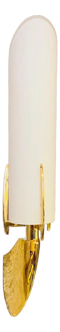 Pair of Austrian 1990s High Style Golden Wall Lamps: A pair of luxurious 1990s gold plated wall lights with white cylinder shades. Rewired.Made by the Austrian lighomaler, Kolarz. Original Label. Great condition, never installed. Condition: Alterations: