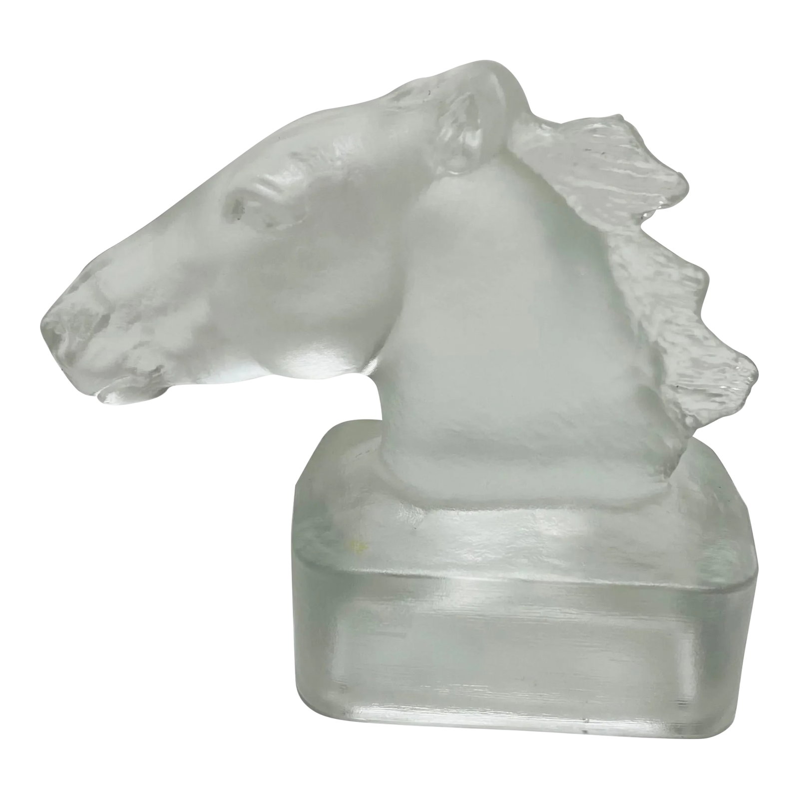 Original 1940s Germany Goebel Molded and Pressed Glass Horsehead Sculpture: This exquisite sculpture is a rare find for collectors of art and antiques. Crafted by Goebel Germany Co. in 1940, it is a small bust of a horse head made of molded and pressed glass. The piece is