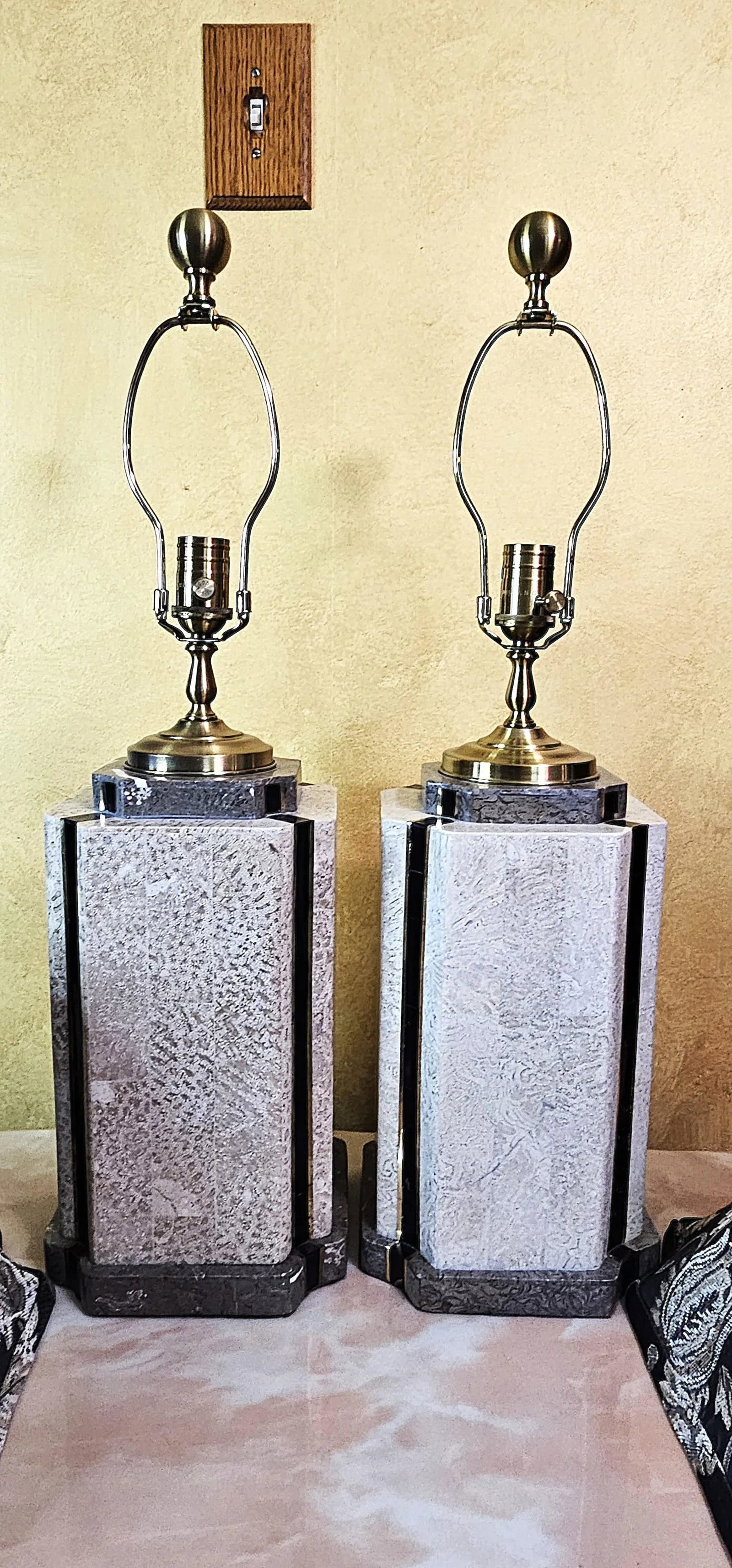 Pair of Wildwood Travertine & Brass Table Lamps With Black Floral Bell Shades - 10
