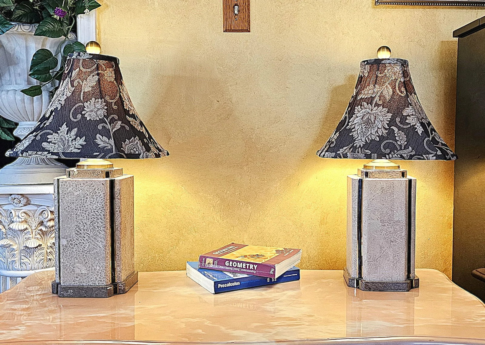 Pair of Wildwood Travertine & Brass Table Lamps With Black Floral Bell Shades - 12