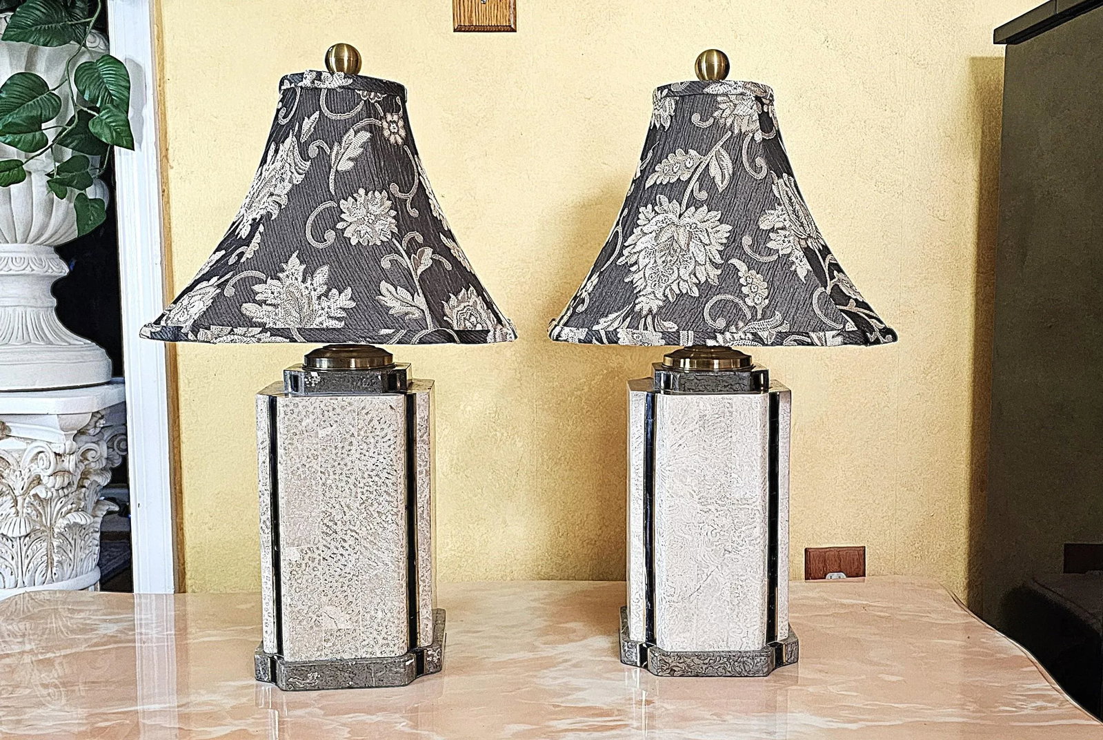 Pair of Wildwood Travertine & Brass Table Lamps With Black Floral Bell Shades - 2