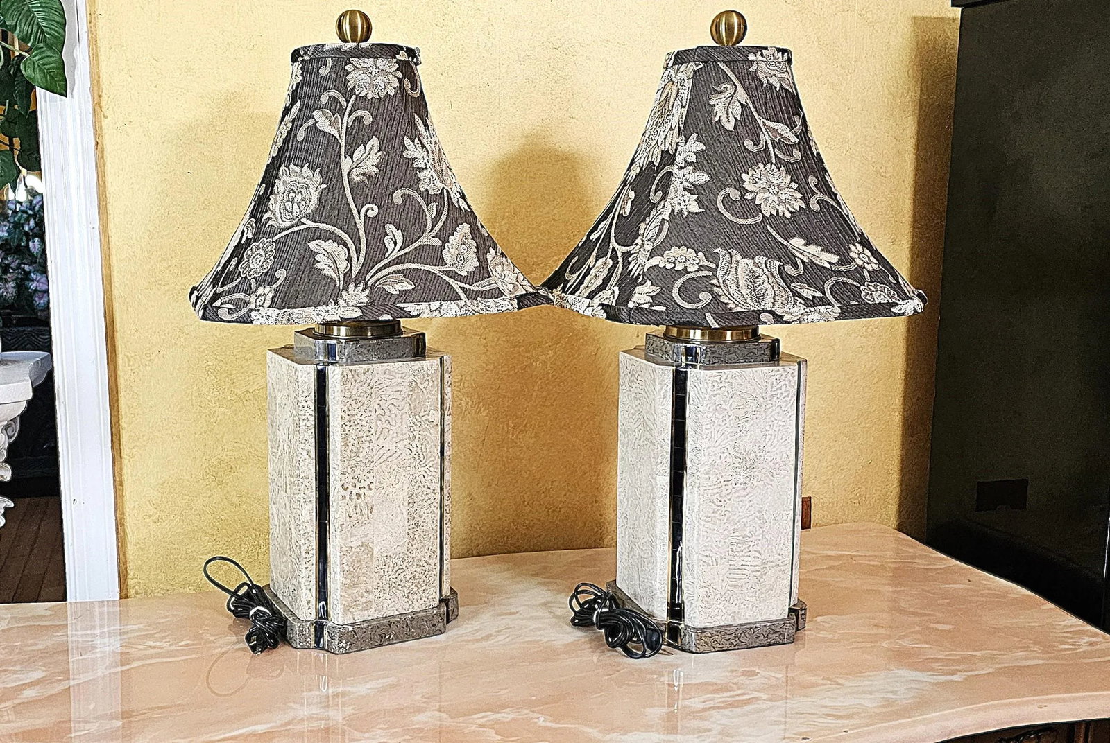 Pair of Wildwood Travertine & Brass Table Lamps With Black Floral Bell Shades - 3