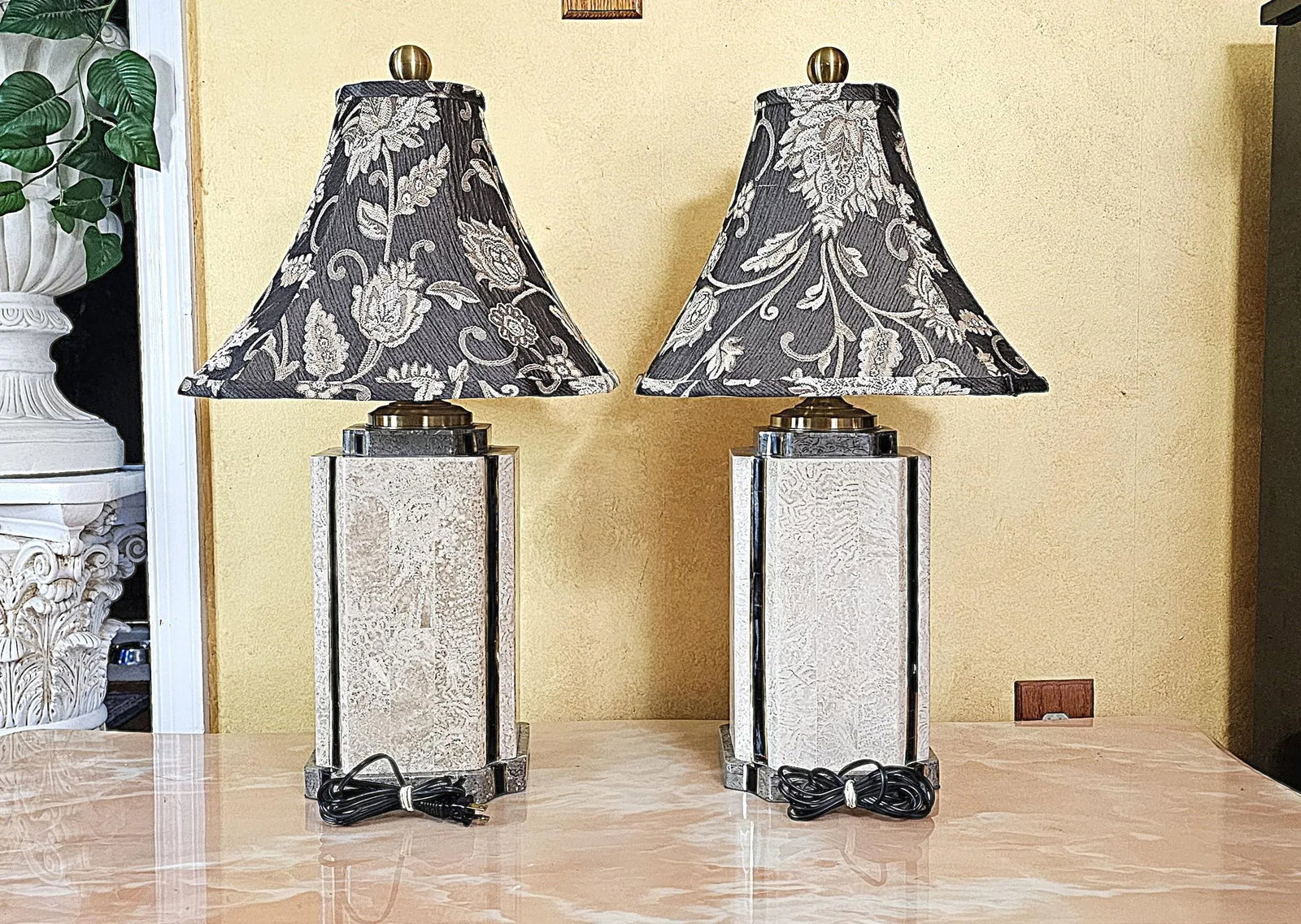 Pair of Wildwood Travertine & Brass Table Lamps With Black Floral Bell Shades - 4