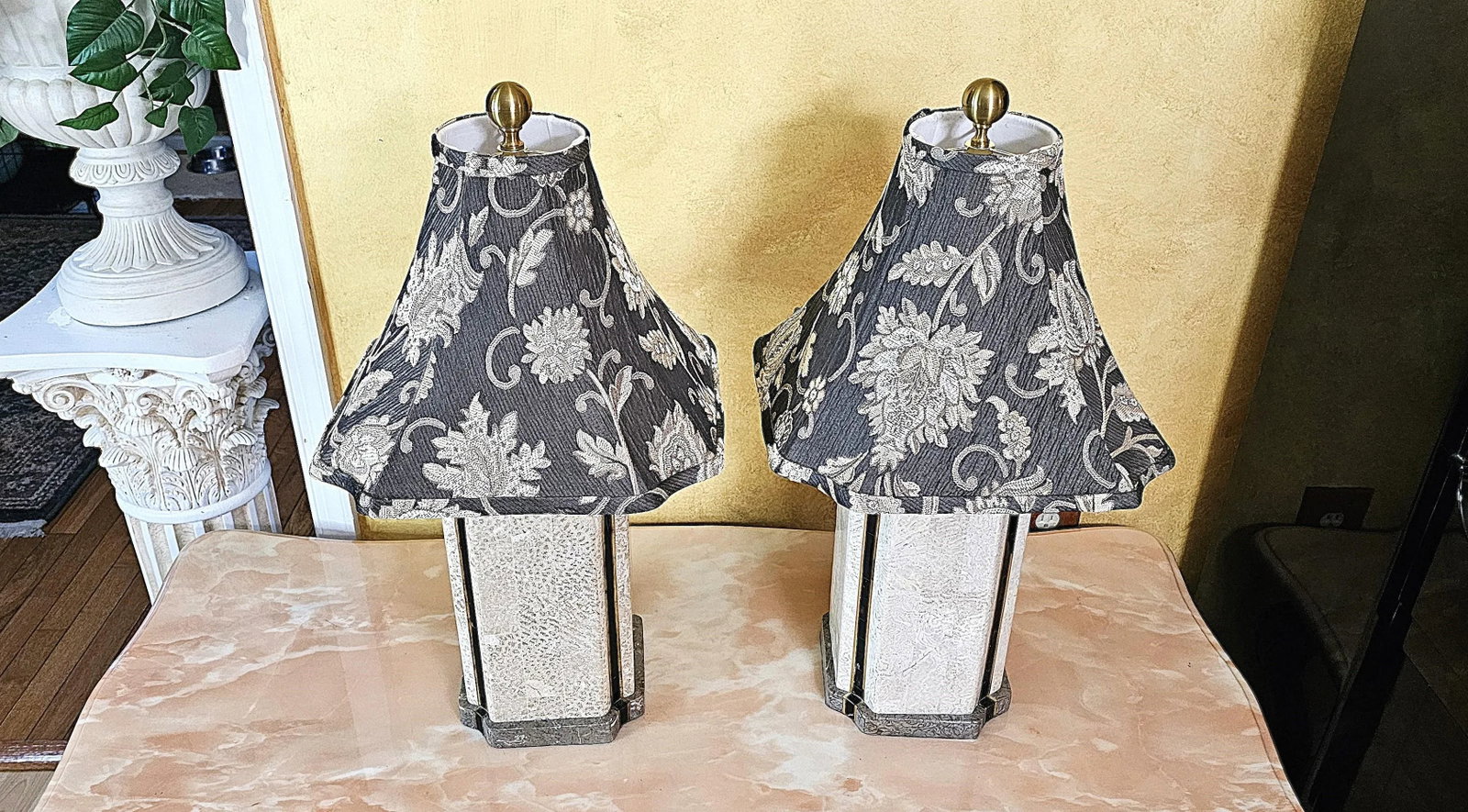 Pair of Wildwood Travertine & Brass Table Lamps With Black Floral Bell Shades - 5