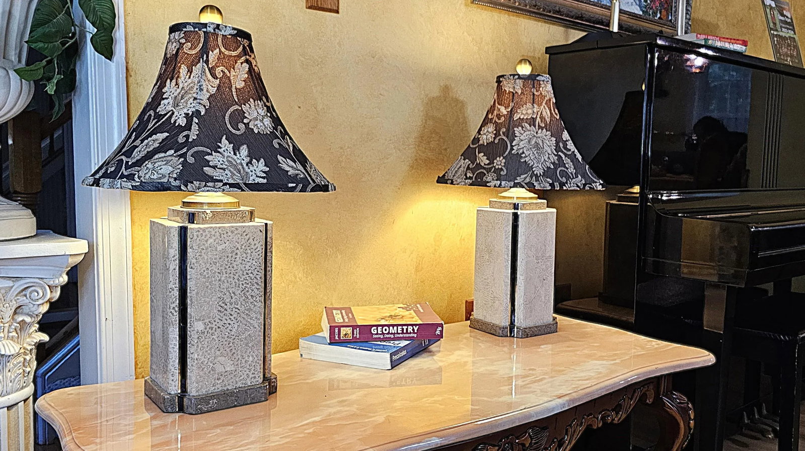 Pair of Wildwood Travertine & Brass Table Lamps With Black Floral Bell Shades - 6