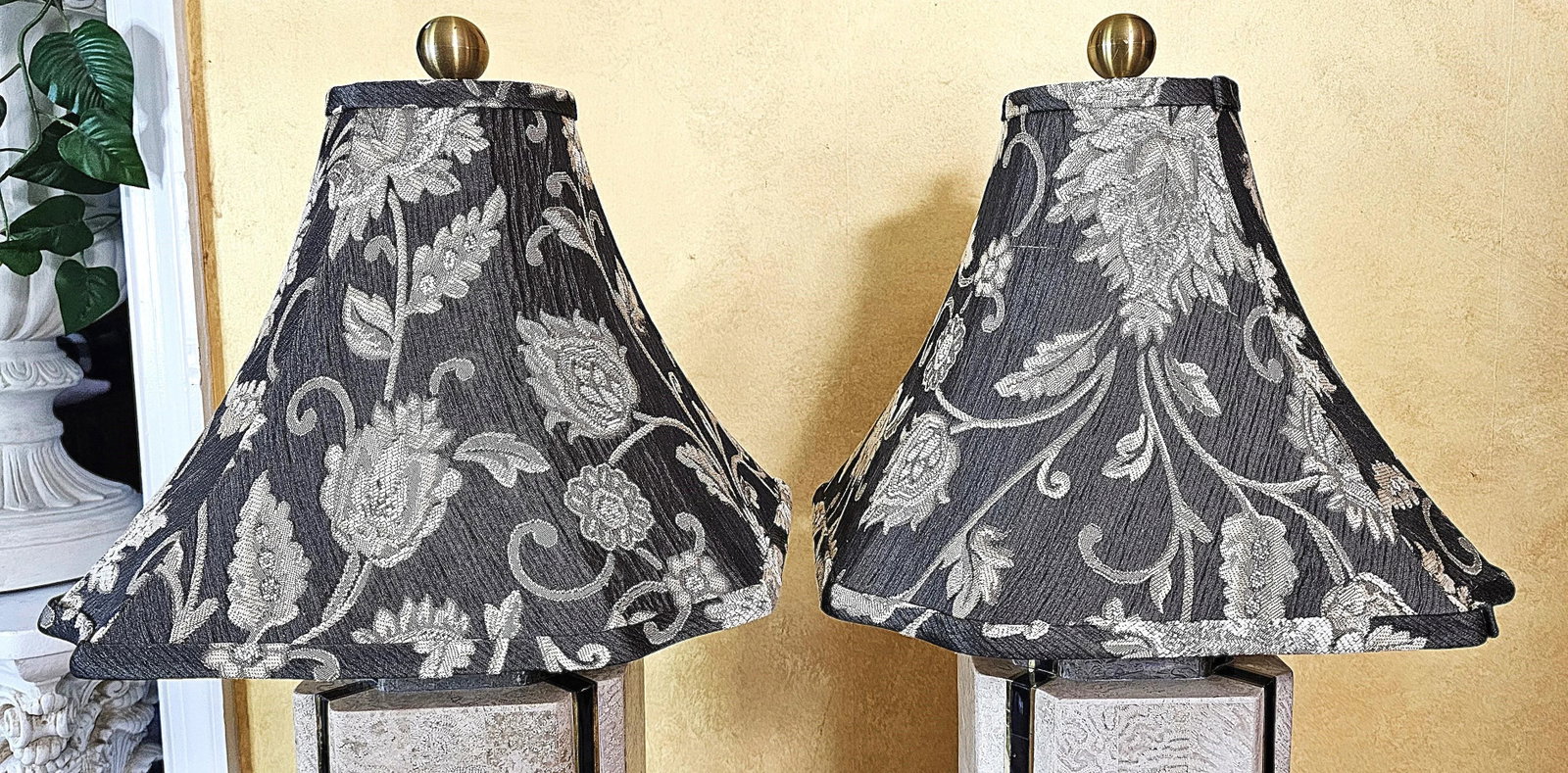 Pair of Wildwood Travertine & Brass Table Lamps With Black Floral Bell Shades - 7