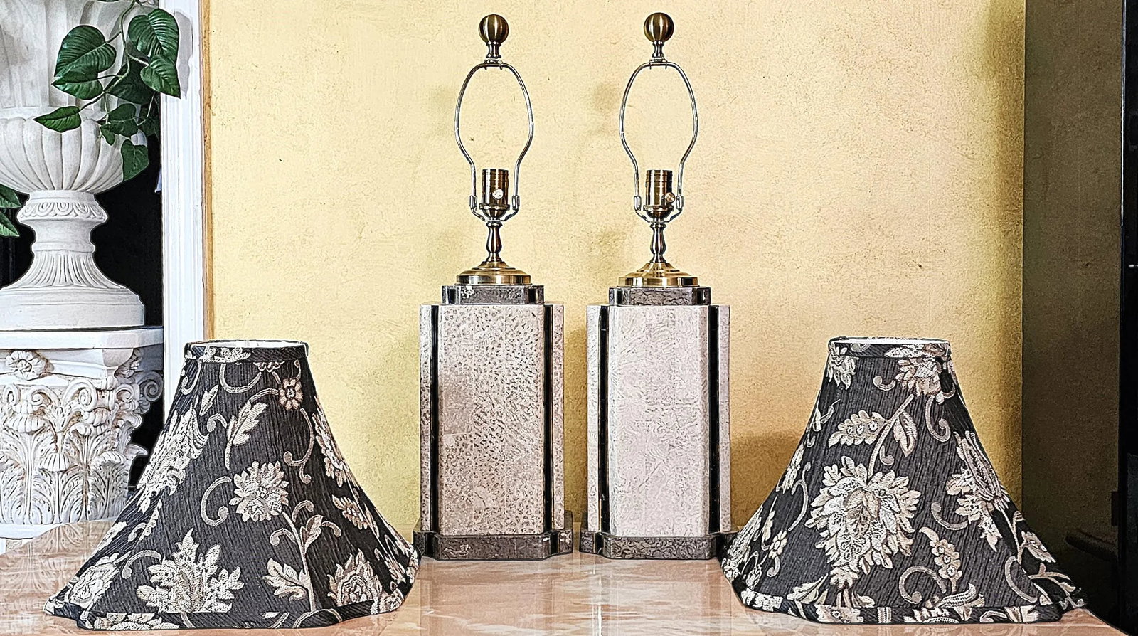 Pair of Wildwood Travertine & Brass Table Lamps With Black Floral Bell Shades - 8