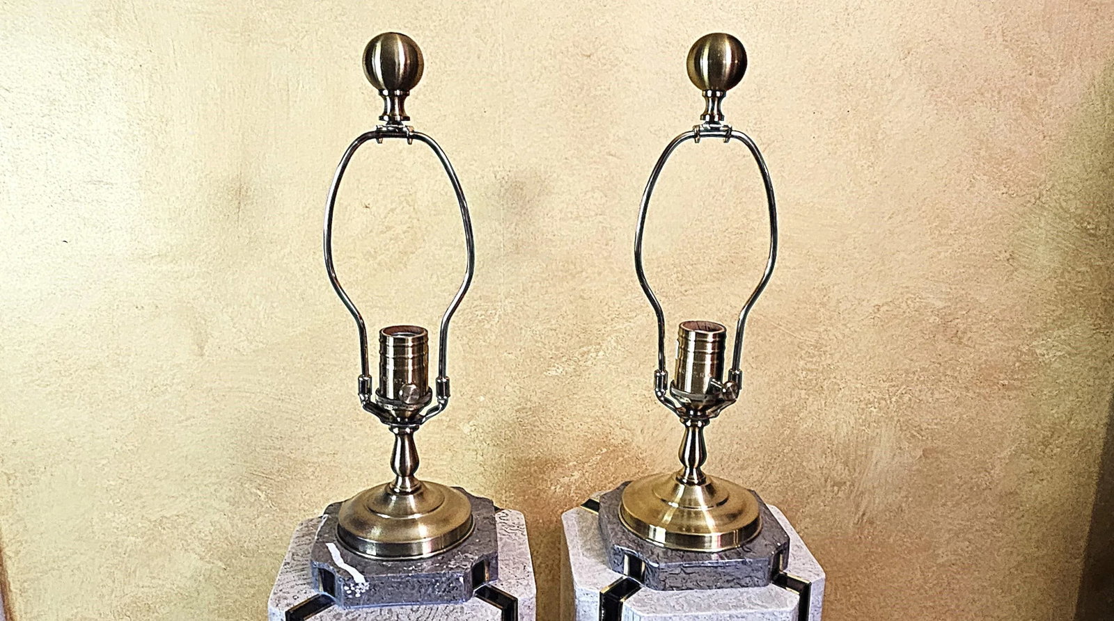 Pair of Wildwood Travertine & Brass Table Lamps With Black Floral Bell Shades - 9