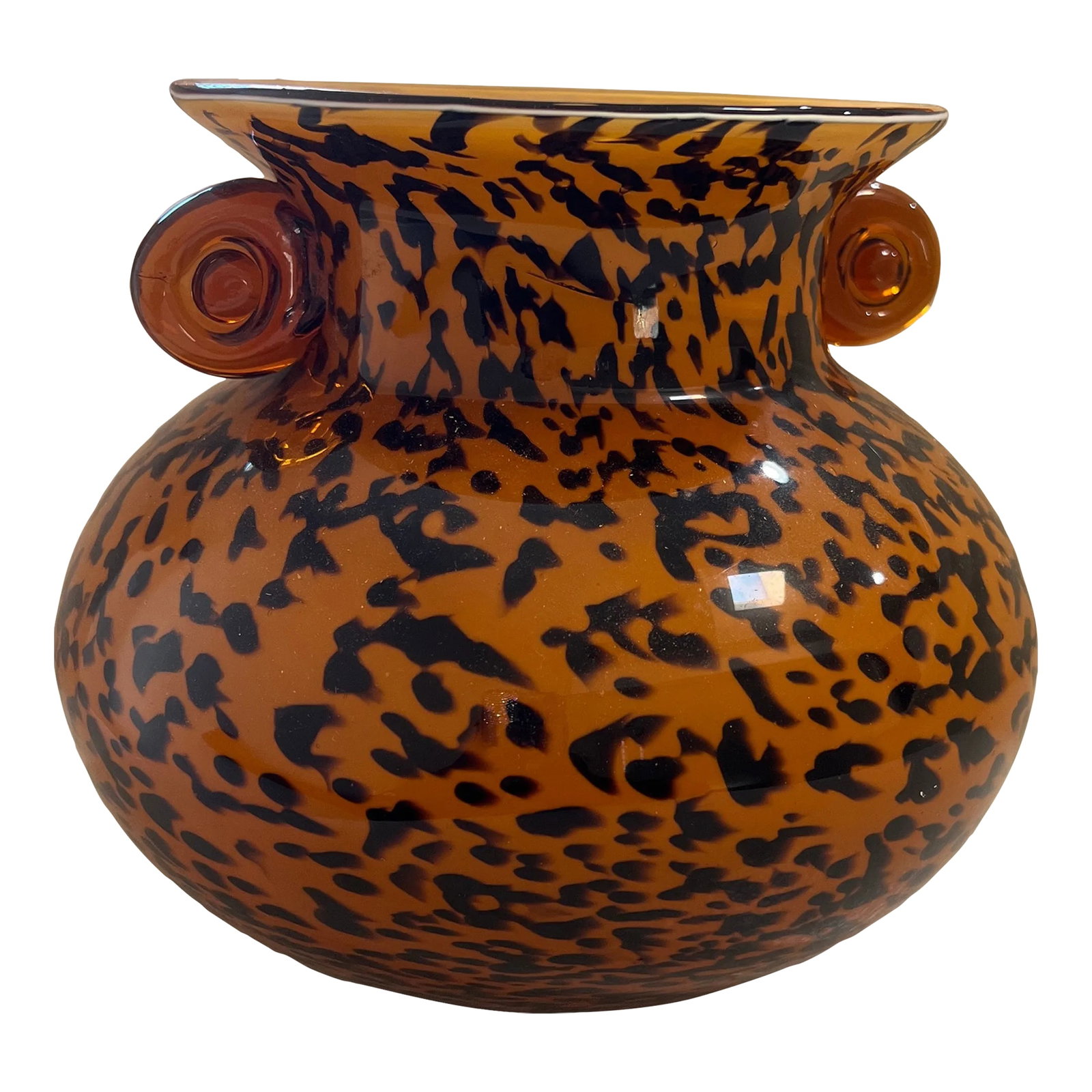 1980s Vintage Hand Blown Glass Vase With Curled Handles in Spotted Amber Leopard Print: In a very good condition. Such an elegant piece to add to your space Condition: Alterations: Original Condition Unaltered Imperfections: Some Imperfections Condition Notes: In a very good condition