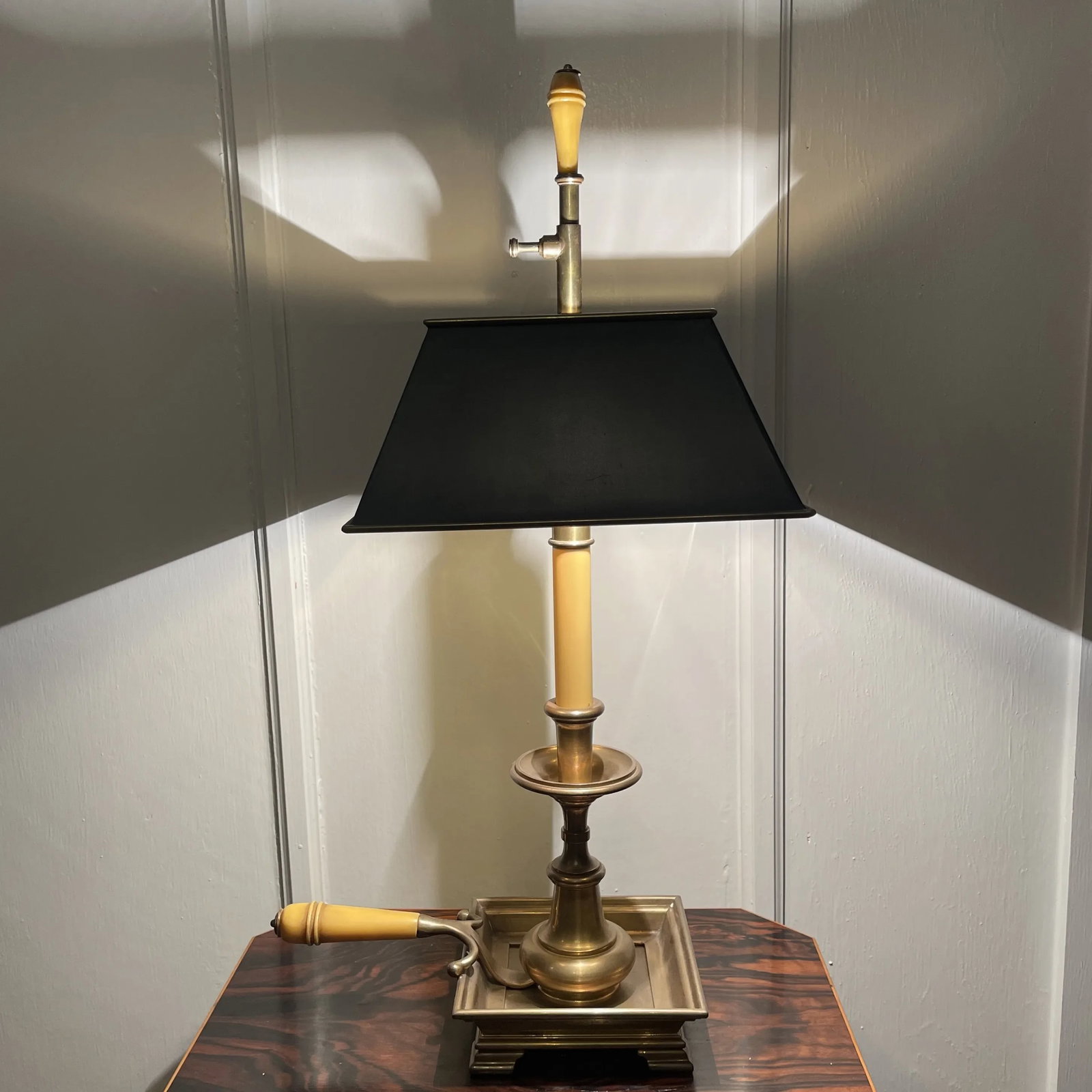 1980s Chapman Brass Candlestick Lamp With Black Tole Shade - 2