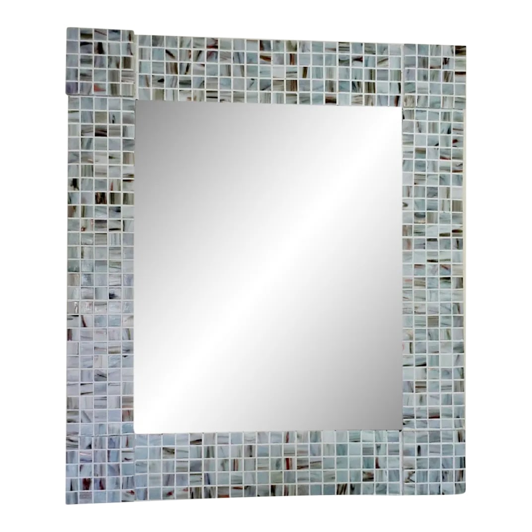 1990s Large Original Handcrafted Pearlescent Tile Mirror: Fabulous original handcrafted mosaic tile mirror can be hung vertically or horizontally. This is a truly unique one-of-a-kind piece created by handcrafted tiles on a salvaged vintage wood framed