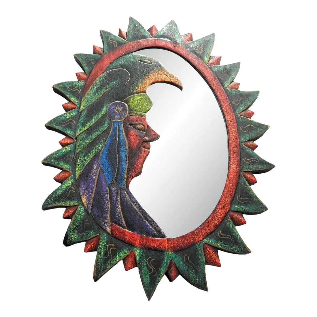 1980s Carved Wood Southwestern Design Sunburst Distressed Wall Mirror: Vintage distressed carved wood wall mirror, circa 1970s-1980s. Sunburst with a Native American chief and an eagle, hand-painted. Southwestern design. Distressed. There's some wood splitting on the bac
