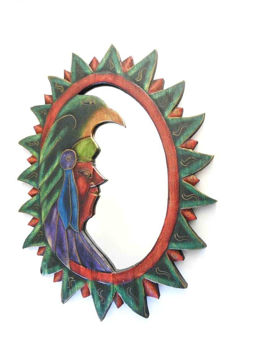 1980s Carved Wood Southwestern Design Sunburst Distressed Wall Mirror - 2