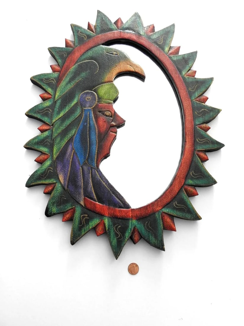 1980s Carved Wood Southwestern Design Sunburst Distressed Wall Mirror - 3