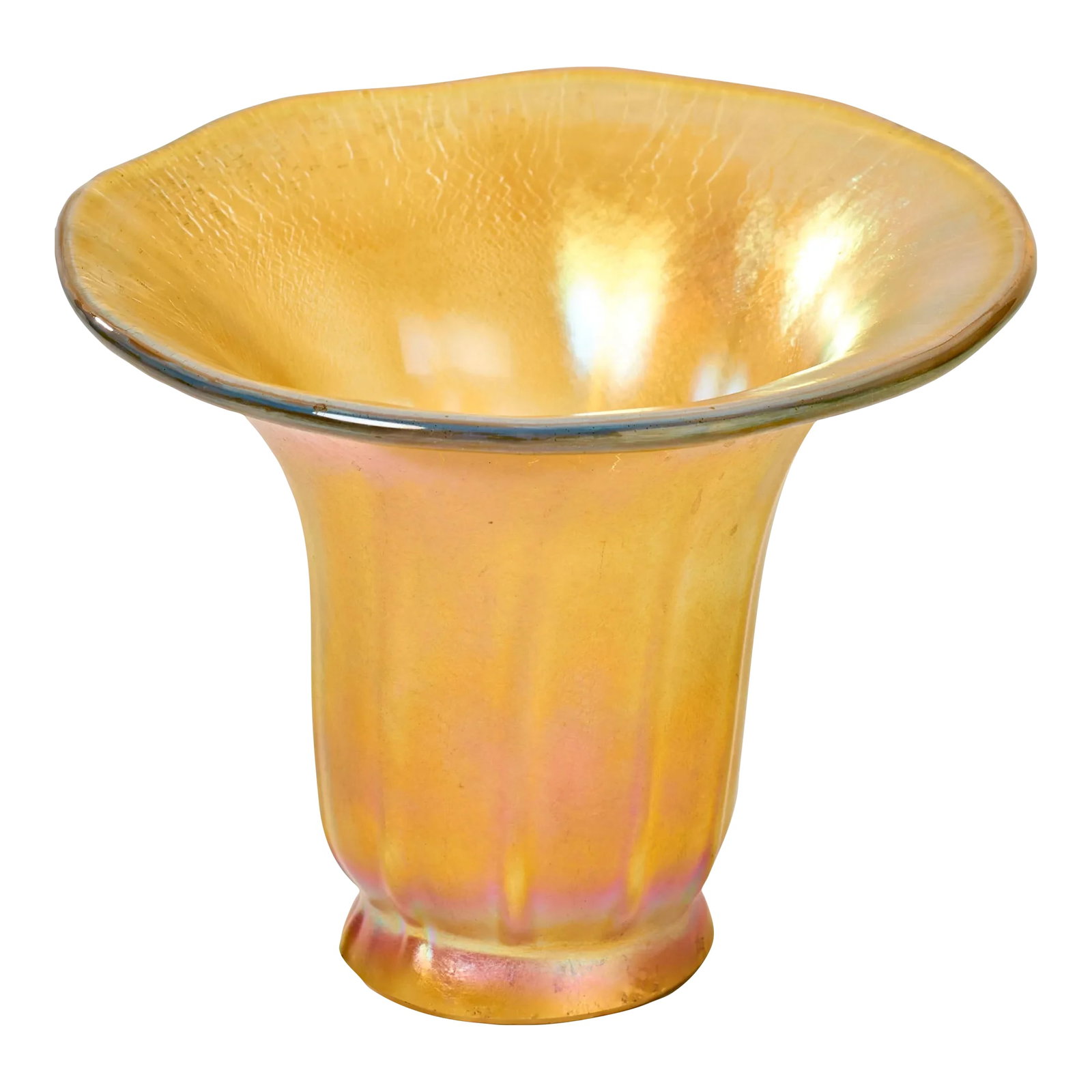 Mid 20th Century Hand Blown Art Glass Tulip Lamp Shade Tiffany Style: Beautiful iridescent glass lamp shade made of hand blown glass. 2.25 inch fitter size. Condition: Alterations: Original Condition Unaltered Imperfections: Some Imperfections Condition Notes: Good cond