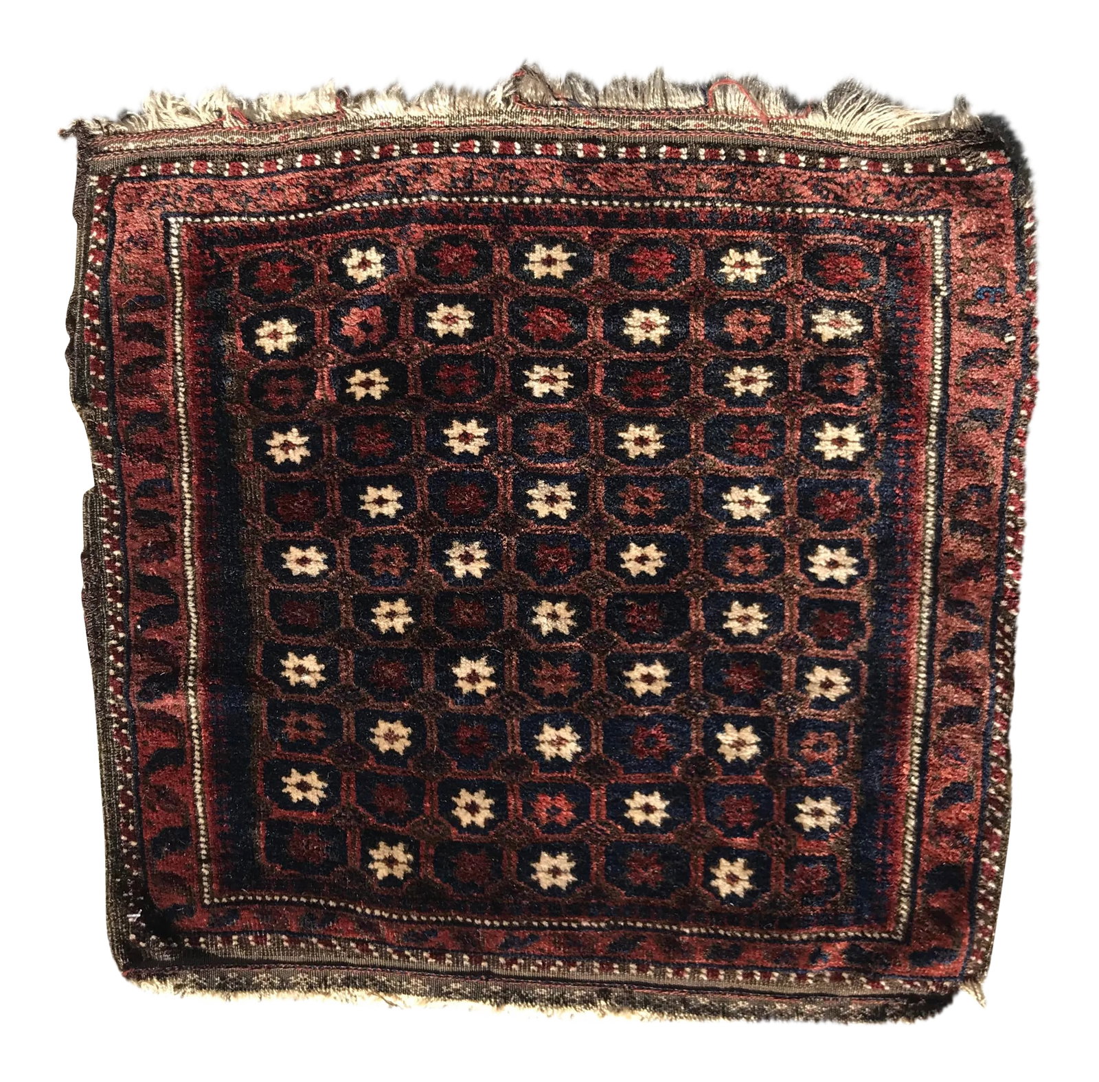 An Awesome Collector Item Baluch Bag Face: It's circa 1900s and older. It has been cleaned up by professional cleaners. It measures 2' x 2' it's square. It's in a perfect pile, on one side there is little missing shows. Condition: