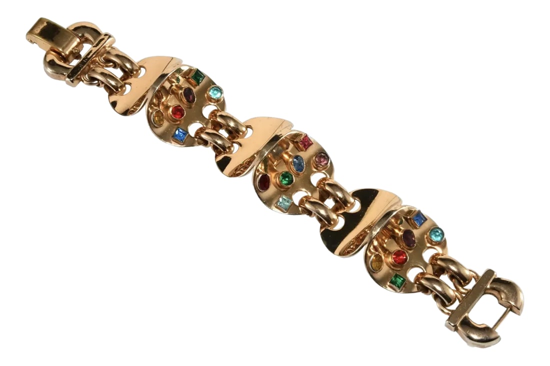 Vintage 1930s Bracelet Retro Style Multicolor Rhinestones Gold Plated: Amazing vintage bracelet likely dates to the late 1930s based on the retro styling and construction. It features amber, red, green, blue, and purple rhinestones set in gold plated metal with scallops
