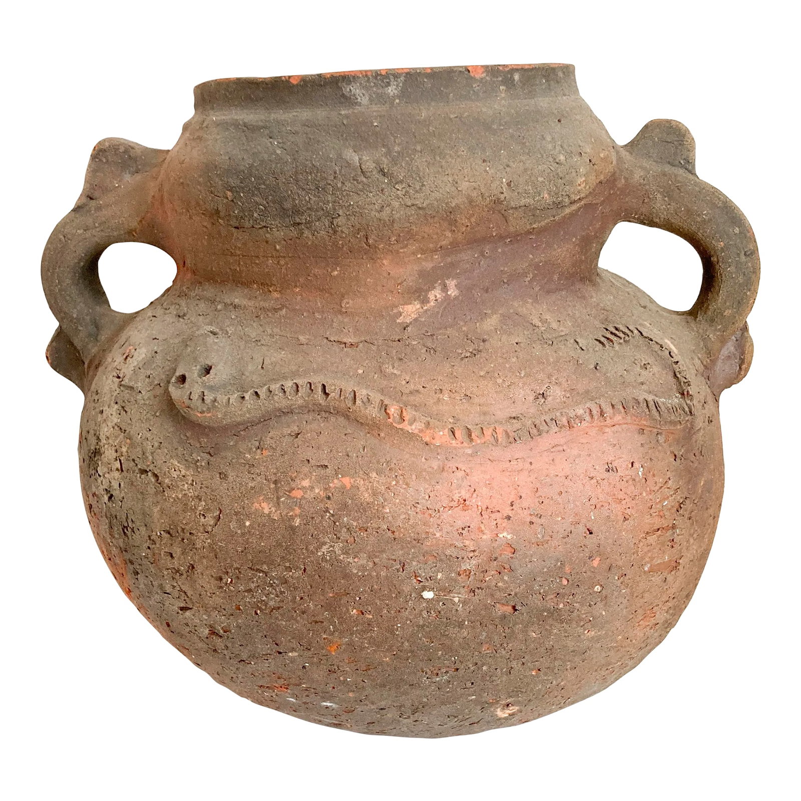 1920s Snake Motif Terra Cotta Vessel With Two Handles, South American Terra Cotta Pot With Snake Emb: This beautifully rustic and wonky-shaped South American terracotta vessel is a showstopper no matter where it will reside. From its side, you will notice how the top bulbous bulge is slanted as if