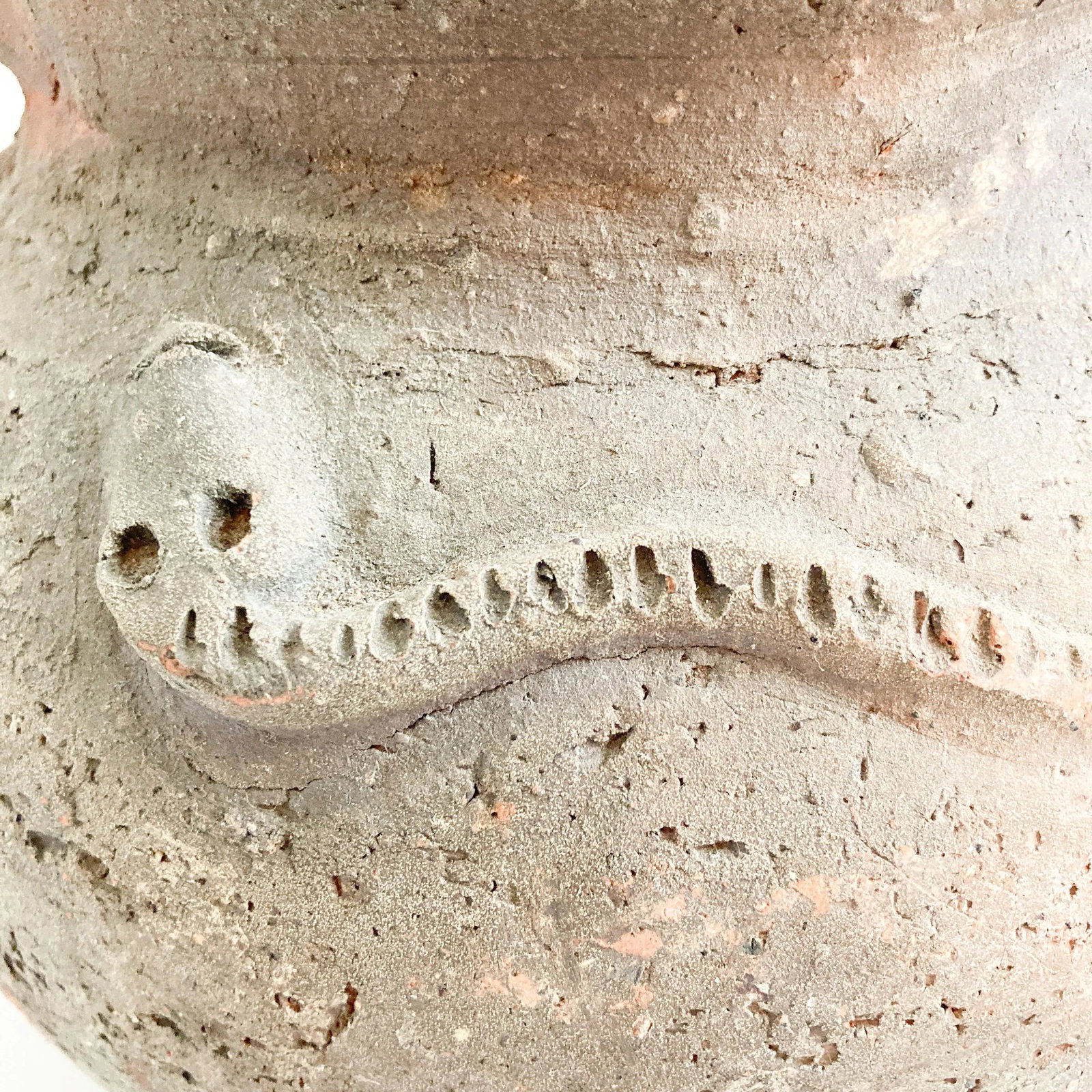 1920s Snake Motif Terra Cotta Vessel With Two Handles, South American Terra Cotta Pot With Snake Emb - 3