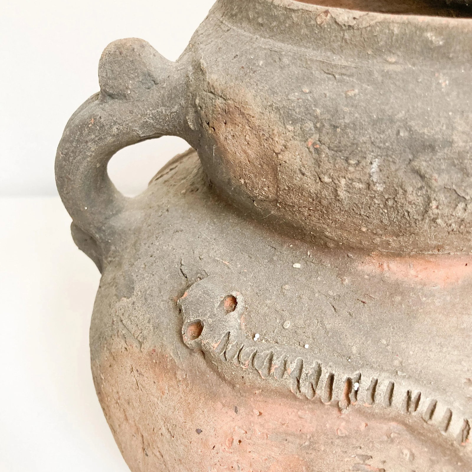 1920s Snake Motif Terra Cotta Vessel With Two Handles, South American Terra Cotta Pot With Snake Emb - 4